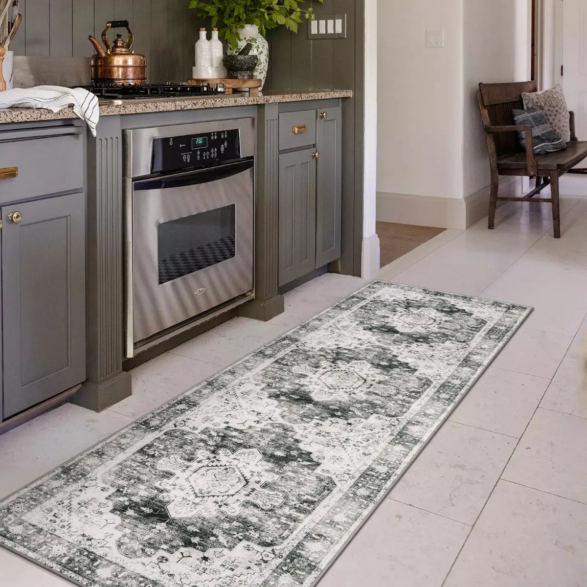 Helene Ultra-Thin Washable Vintage Floral Grey Area Rug