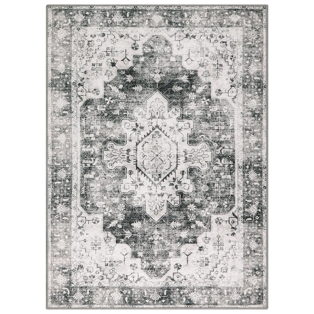 Helene Ultra-Thin Washable Vintage Floral Grey Area Rug