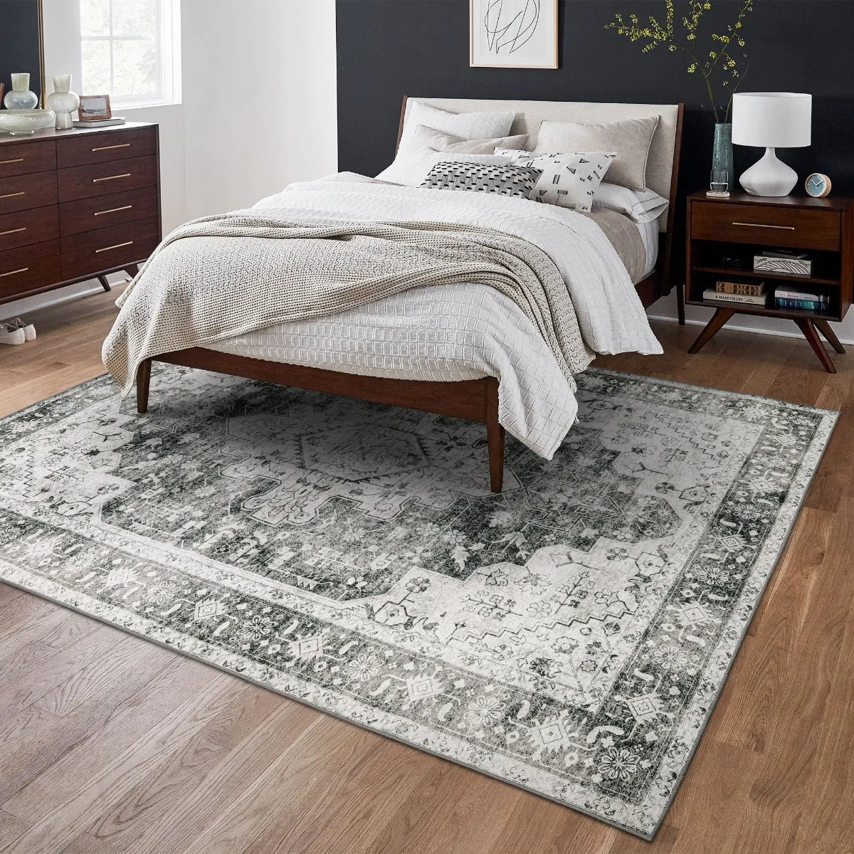 Helene Ultra-Thin Washable Vintage Floral Grey Area Rug