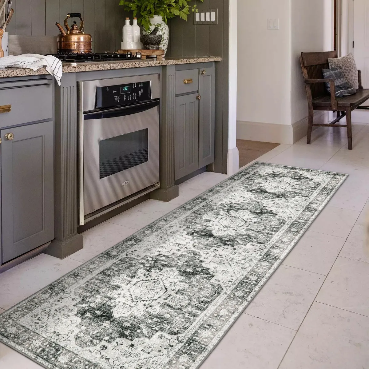 Helene Ultra-Thin Washable Vintage Floral Grey Area Rug