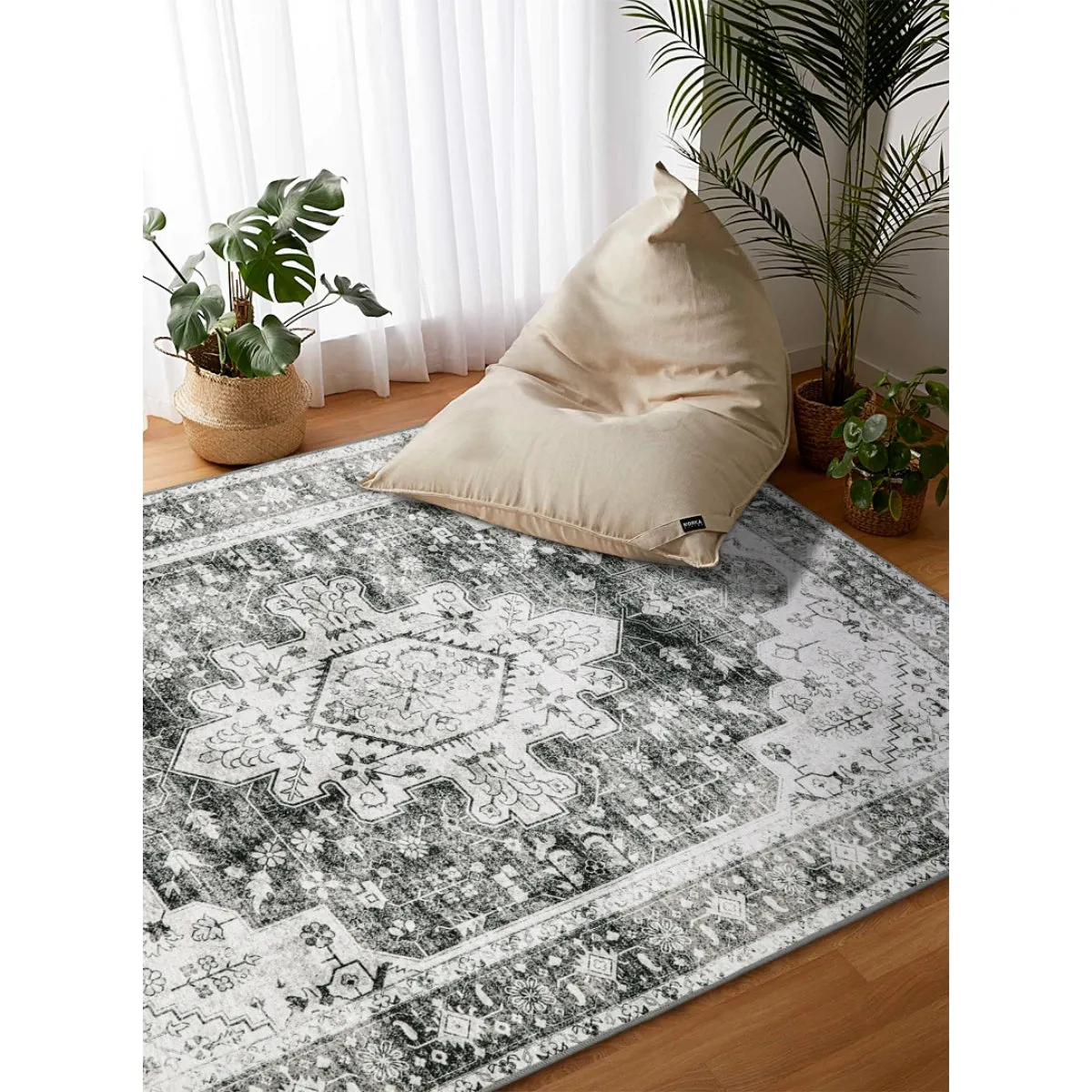 Helene Ultra-Thin Washable Vintage Floral Grey Area Rug