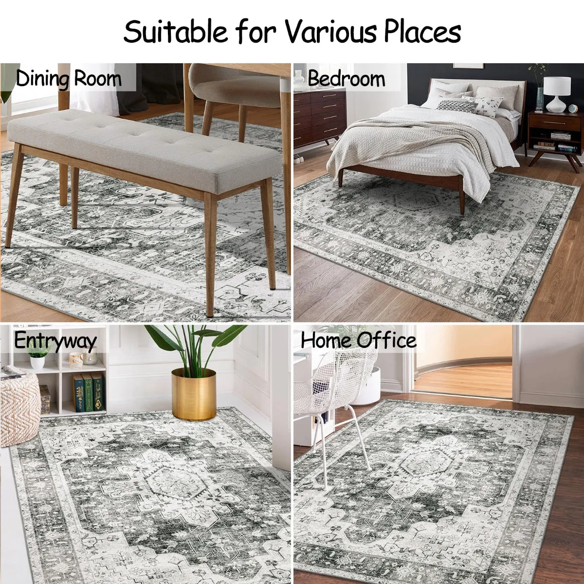 Helene Ultra-Thin Washable Vintage Floral Grey Area Rug