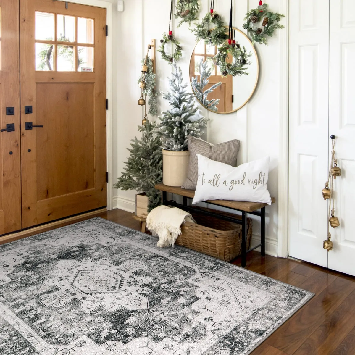 Helene Ultra-Thin Washable Vintage Floral Grey Area Rug