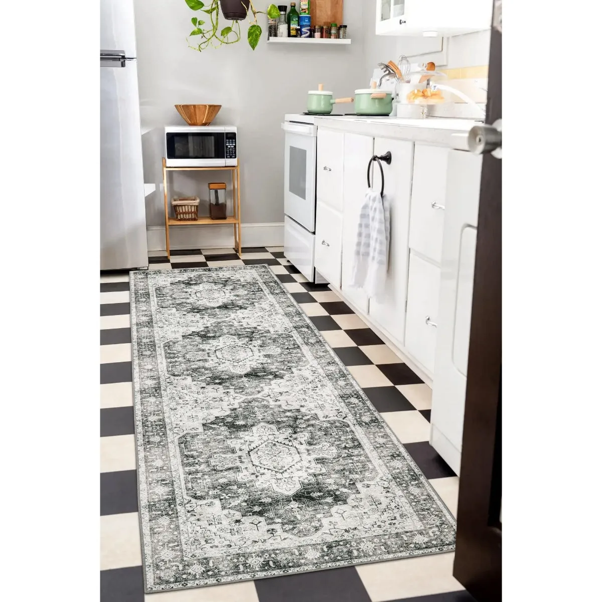 Helene Ultra-Thin Washable Vintage Floral Grey Area Rug