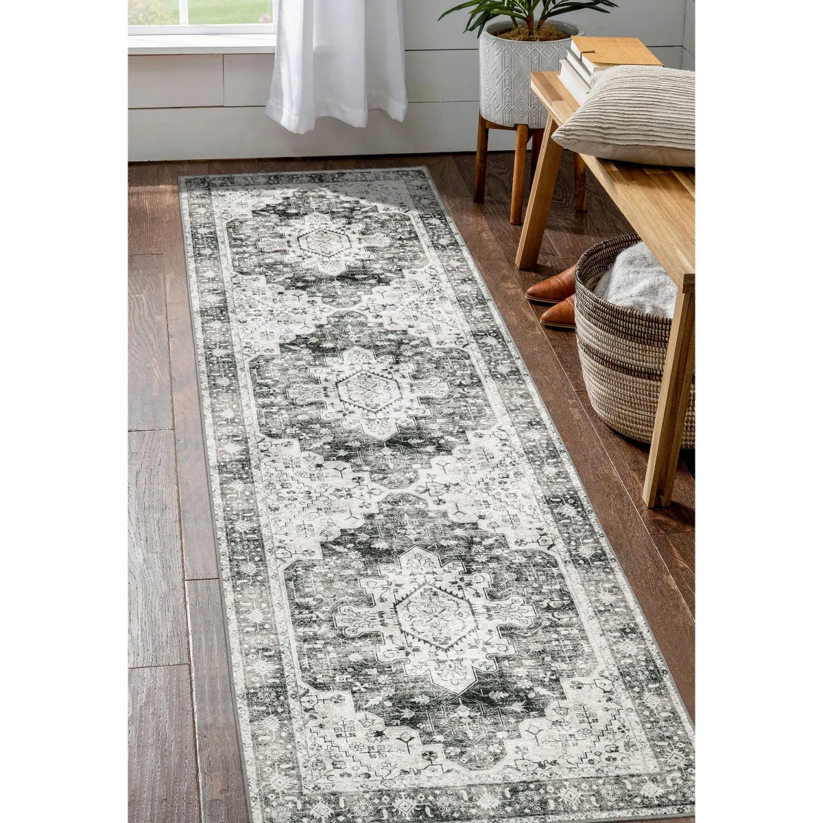 Helene Ultra-Thin Washable Vintage Floral Grey Area Rug