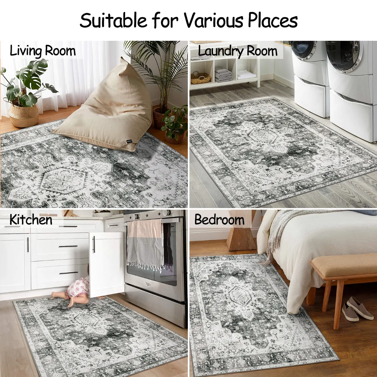 Helene Ultra-Thin Washable Vintage Floral Grey Area Rug