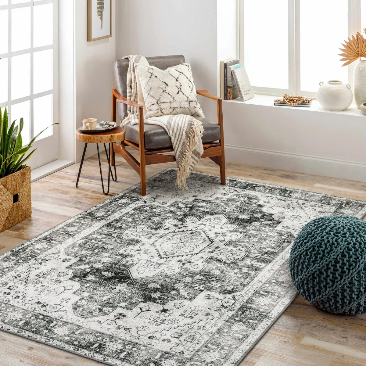 Helene Ultra-Thin Washable Vintage Floral Grey Area Rug