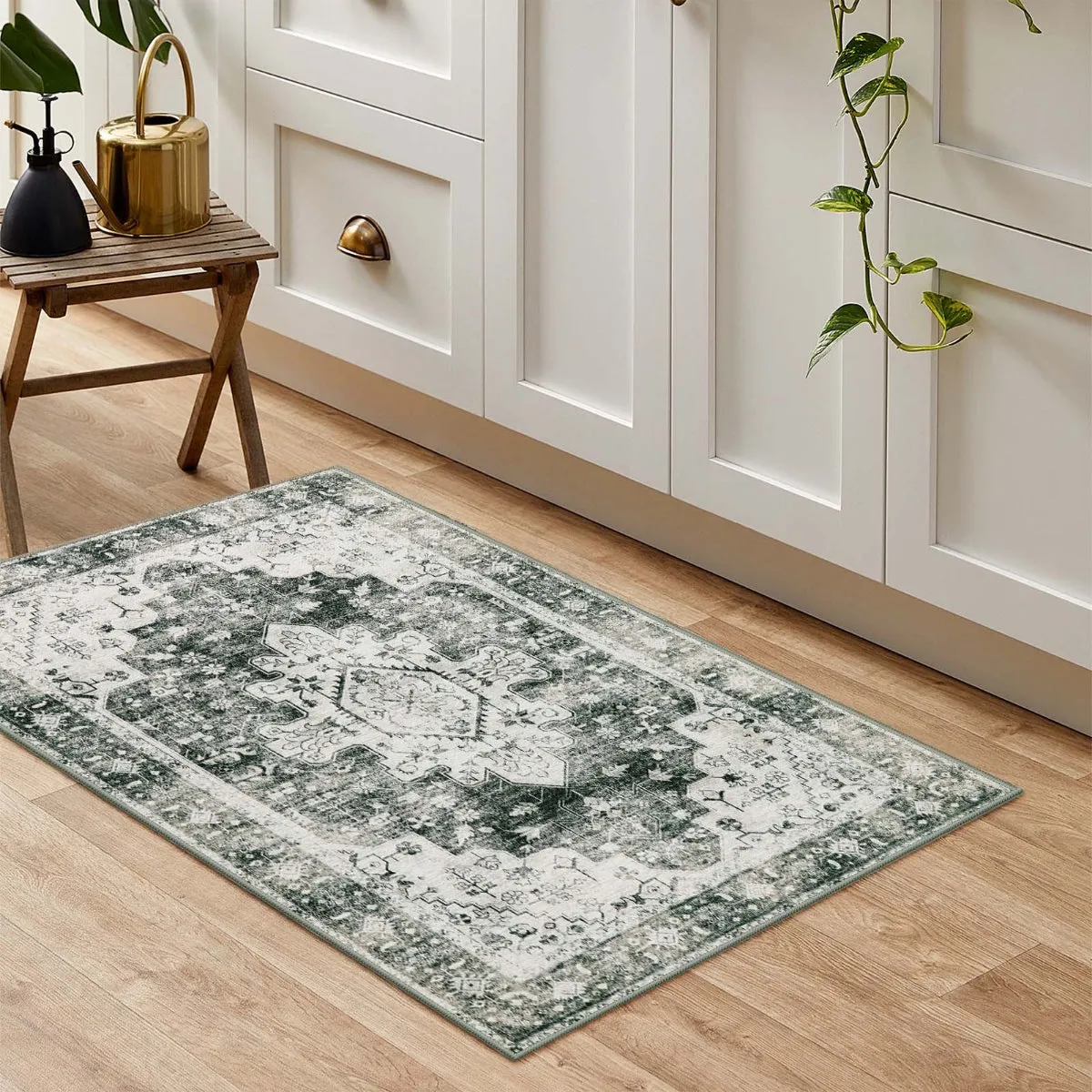 Helene Ultra-Thin Washable Vintage Floral Grey Area Rug