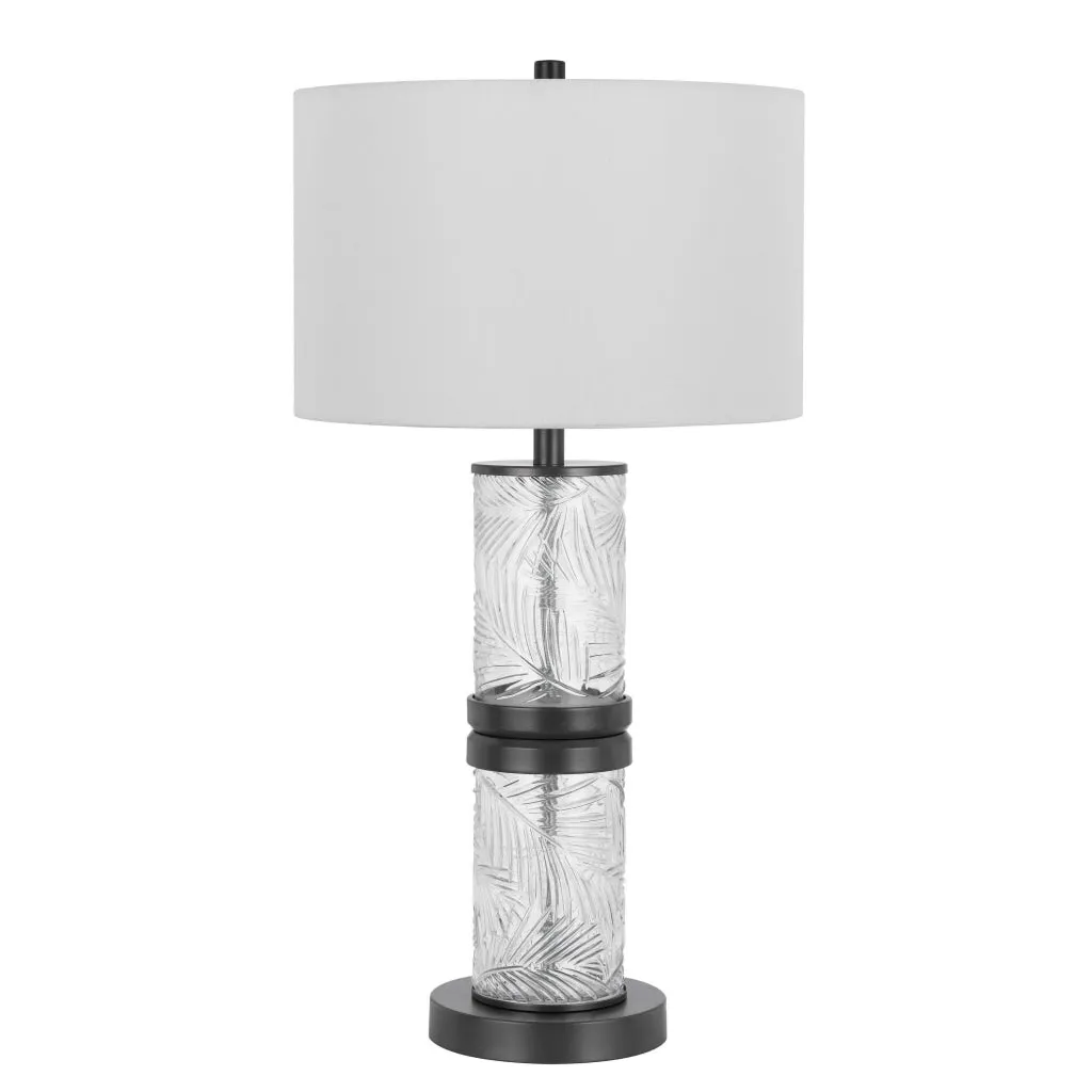 Hem 31 Inch Table Lamp with Drum Hardback, LED, Leafy Glass, Gray Metal By Casagear Home