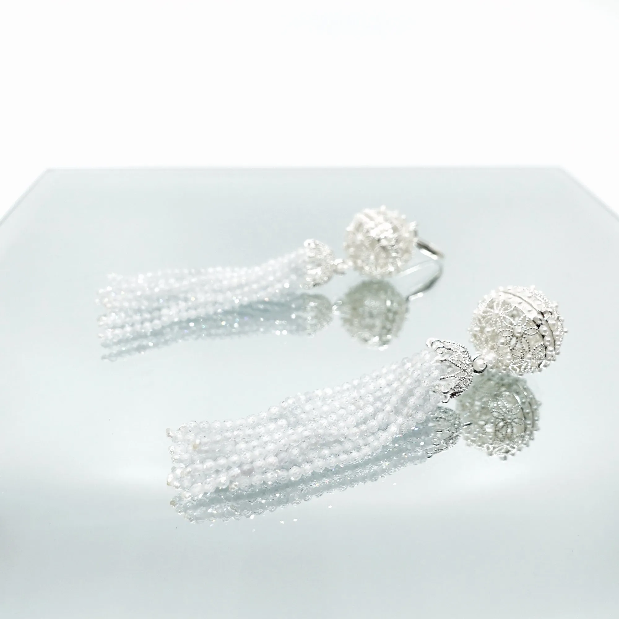 Herbal Locket Crystal Tassel Earrings - White Zirconia