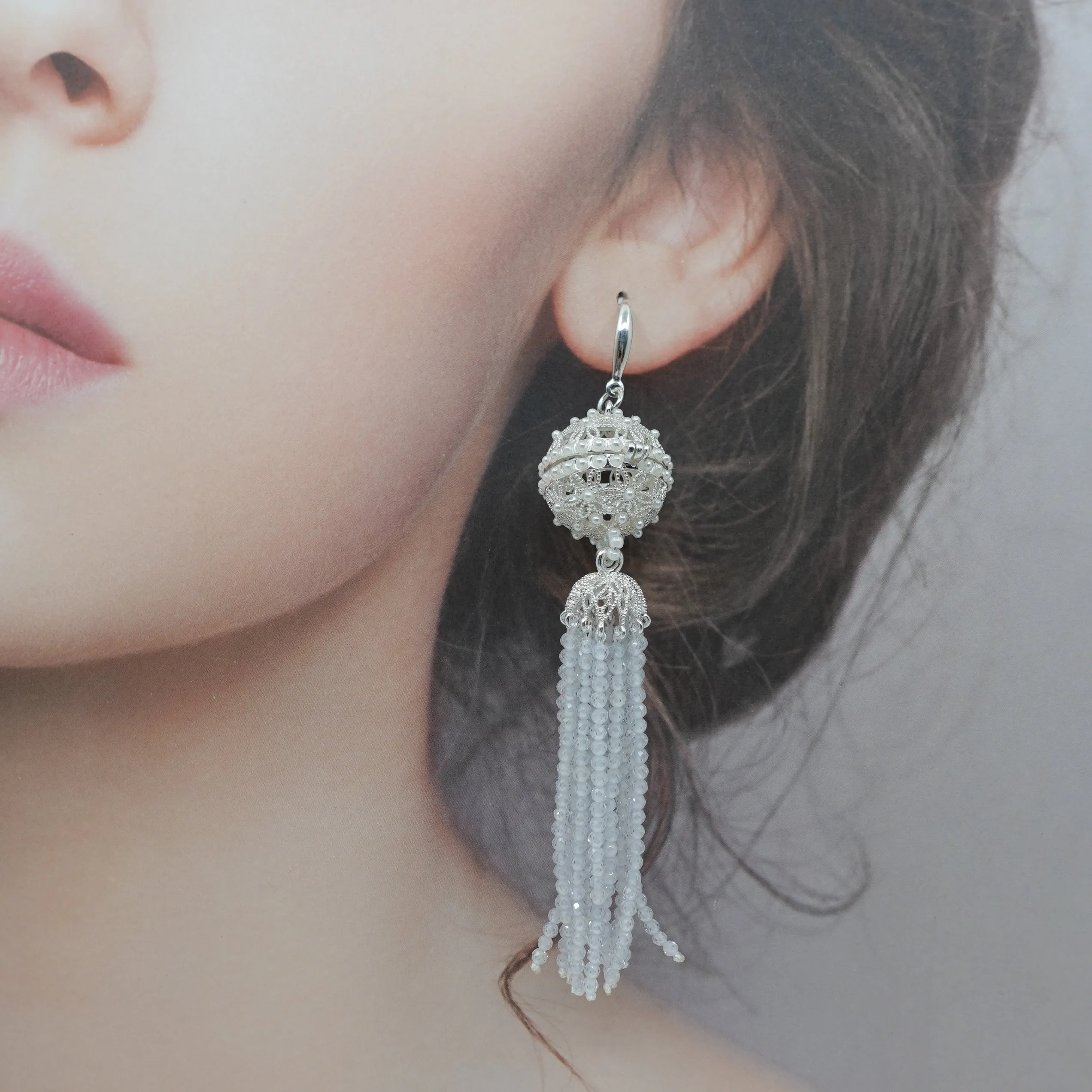 Herbal Locket Crystal Tassel Earrings - White Zirconia