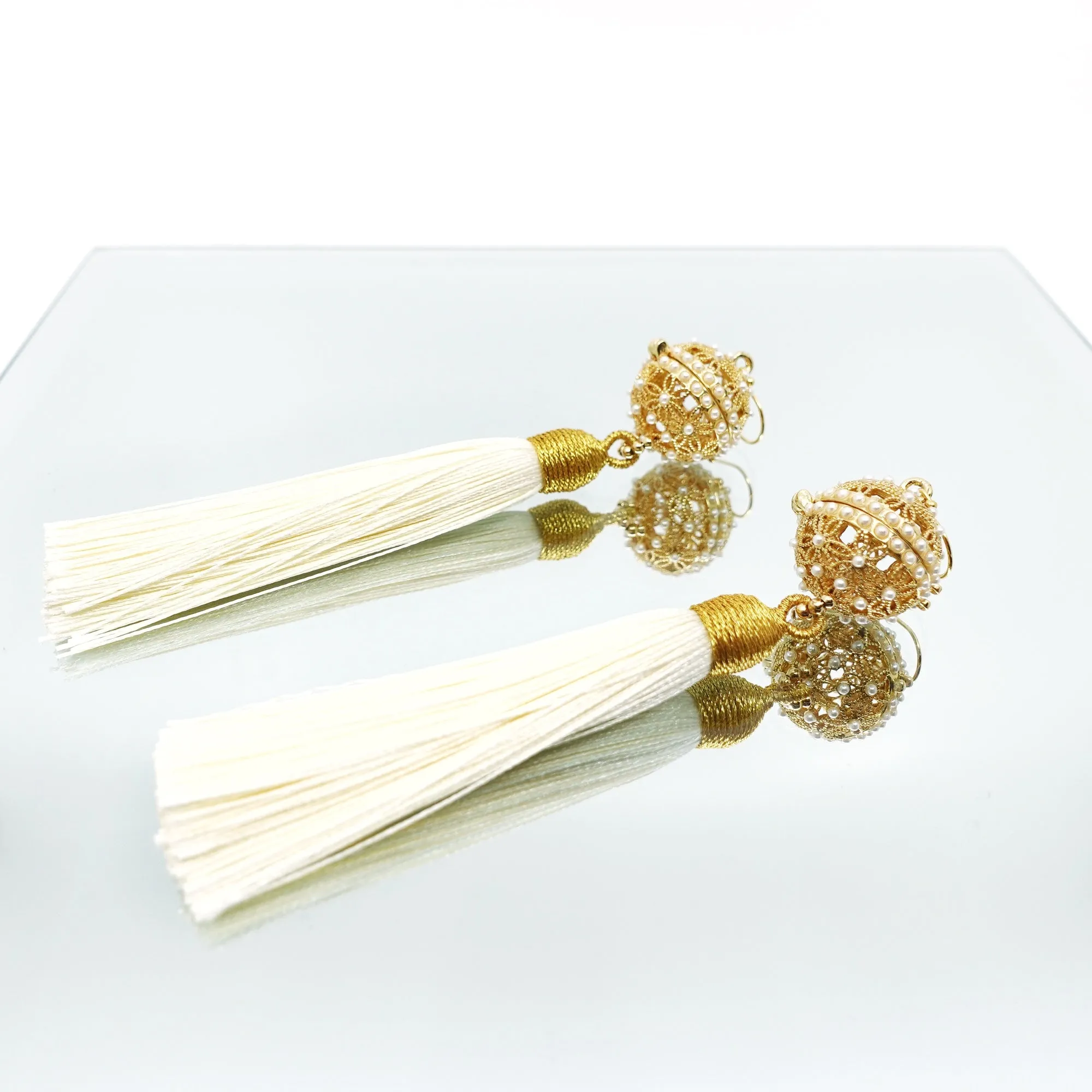 Herbal Locket Silk Tassel Earrings - Creamy White