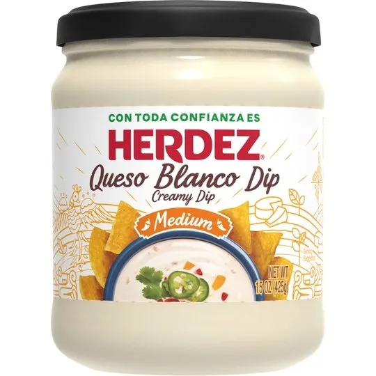 HERDEZ Queso Blanco Dip, Cheese Dip with Jalapenos, Shelf-Stable, Medium, 15oz Jar