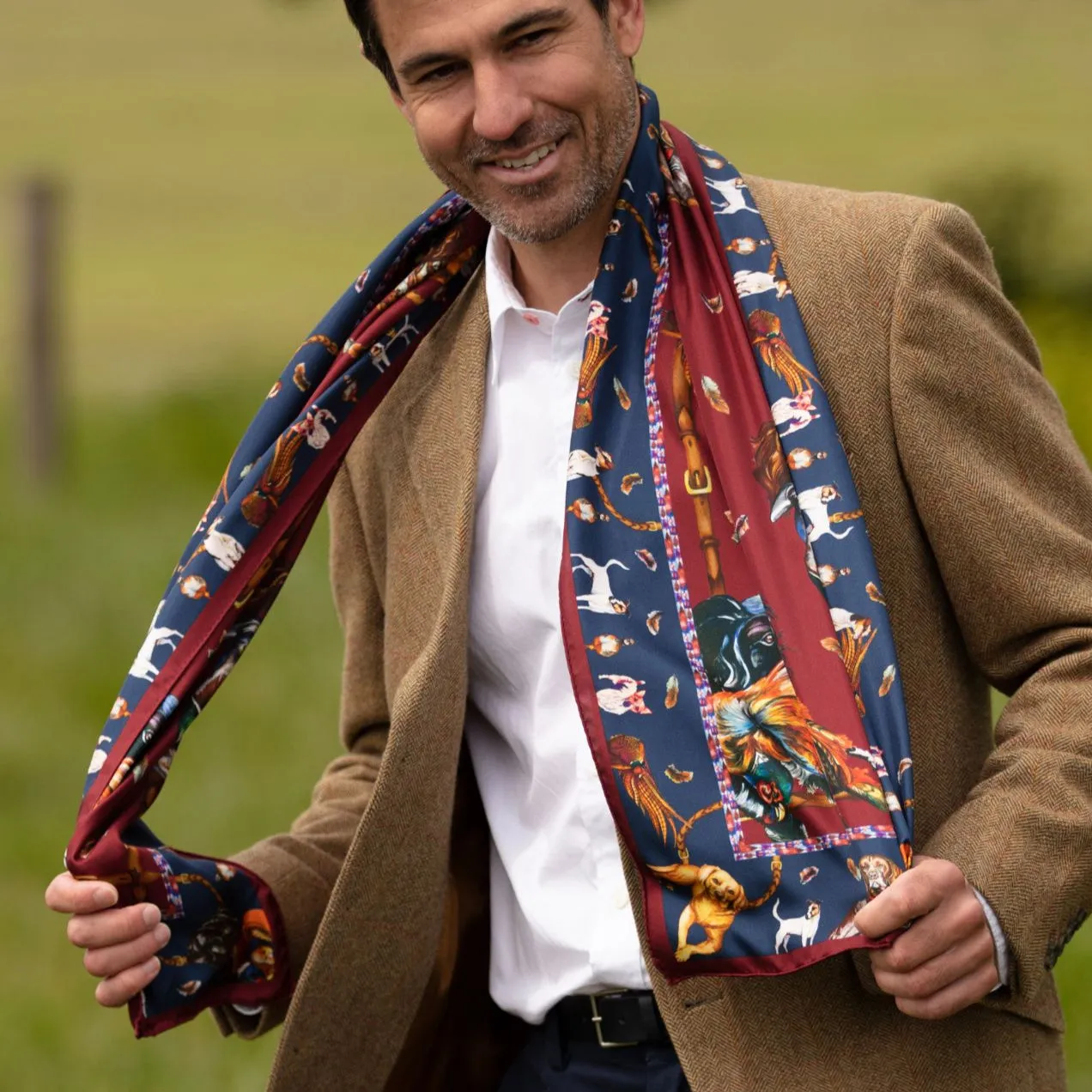 Here Come The Boys Hunting Dog Claret & Navy Classic Silk Scarf