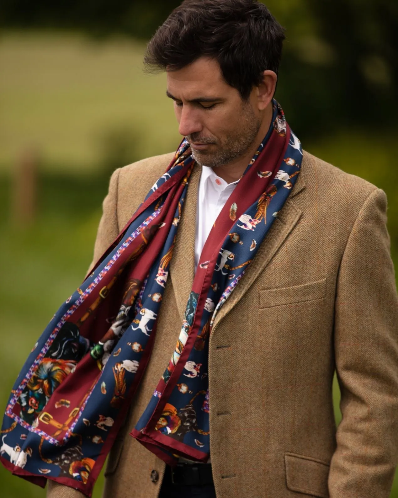 Here Come The Boys Hunting Dog Claret & Navy Classic Silk Scarf