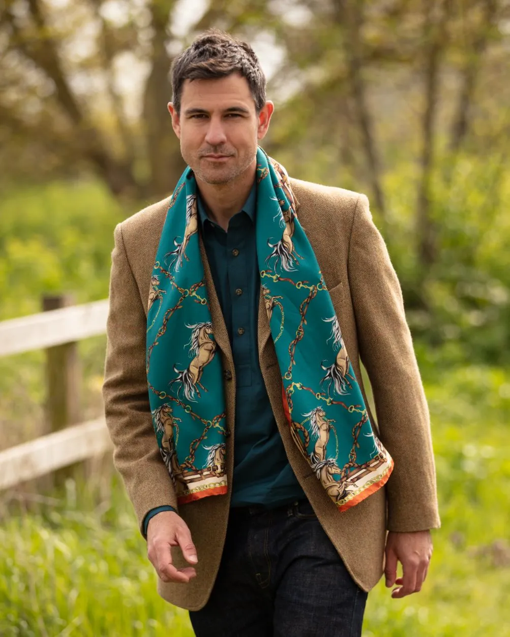 Here Come The Boys Silk Equestrian Scarf in Teal & Rust