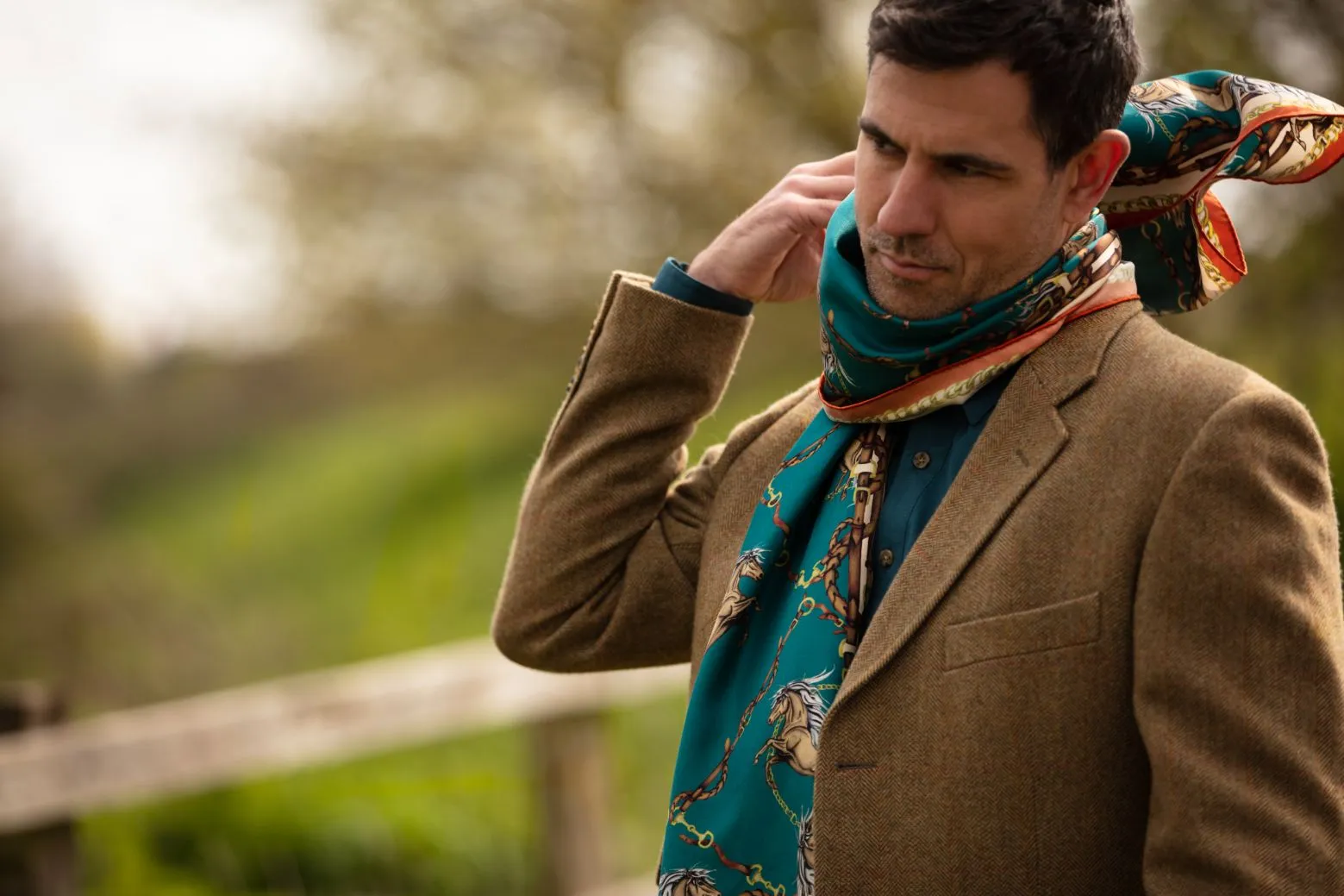 Here Come The Boys Silk Equestrian Scarf in Teal & Rust