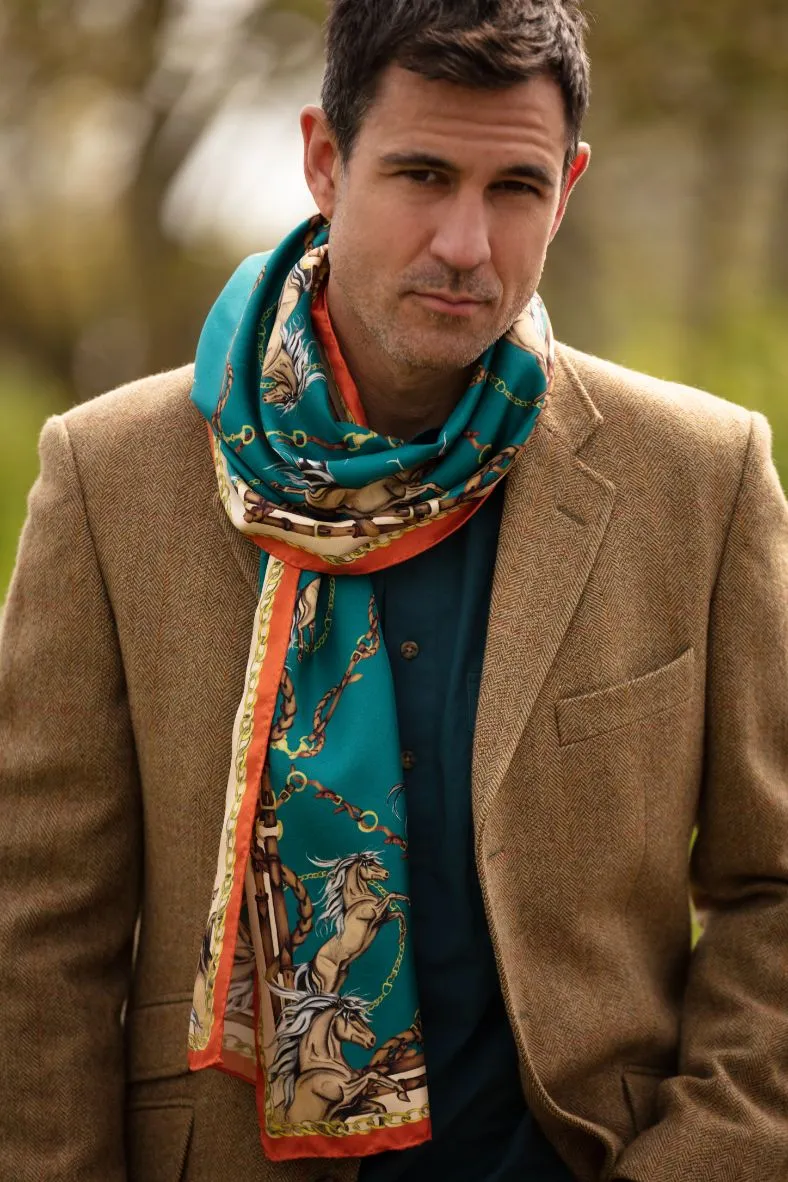 Here Come The Boys Silk Equestrian Scarf in Teal & Rust