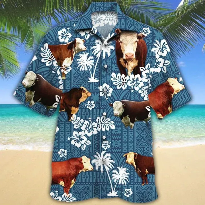 Hereford Cattle Lovers Blue Tribal Hawaiian Shirt, Cow Hawaiian shirts for men, Women