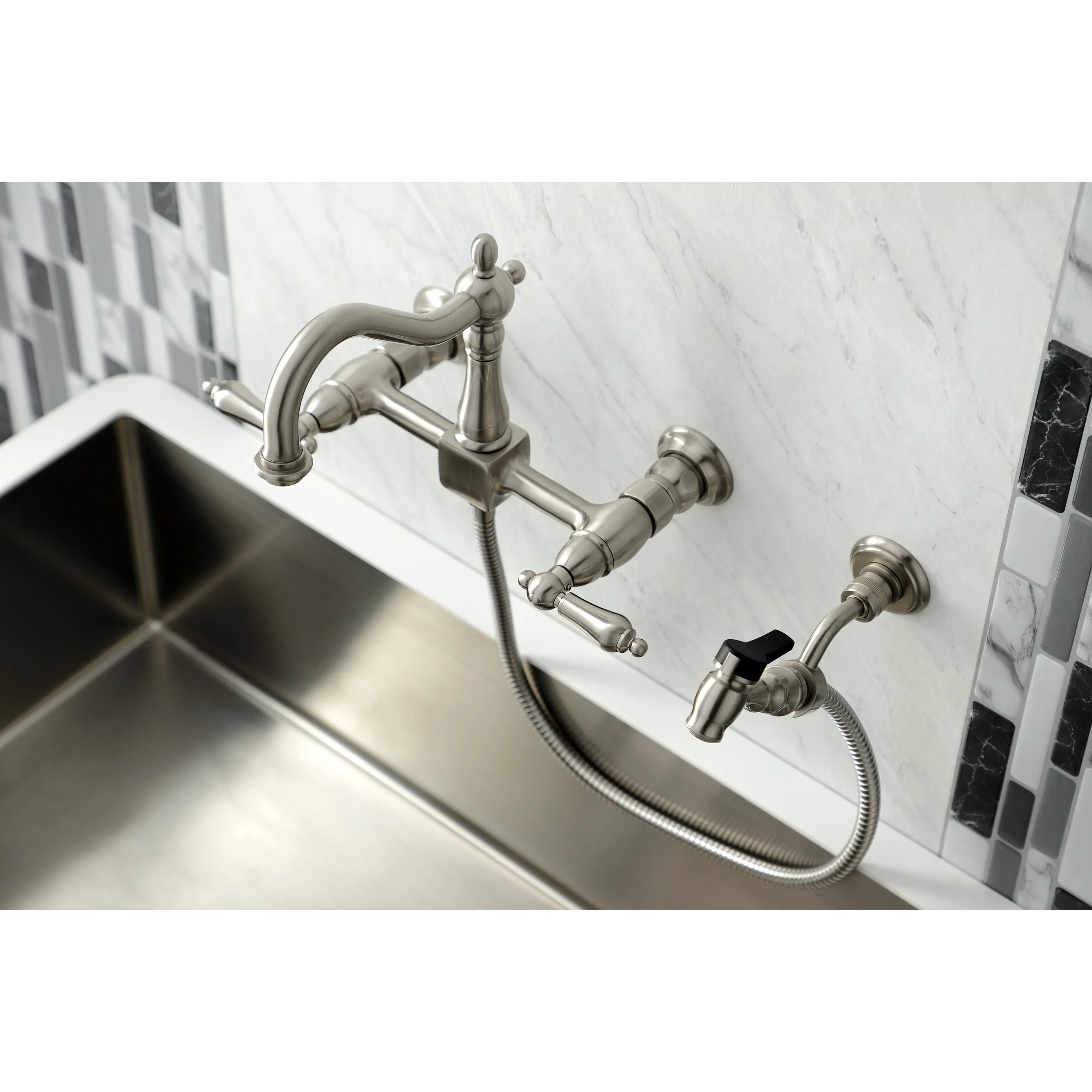 Heritage Traditional Wall Mount Bridge Kitchen Faucet with Brass Sprayer