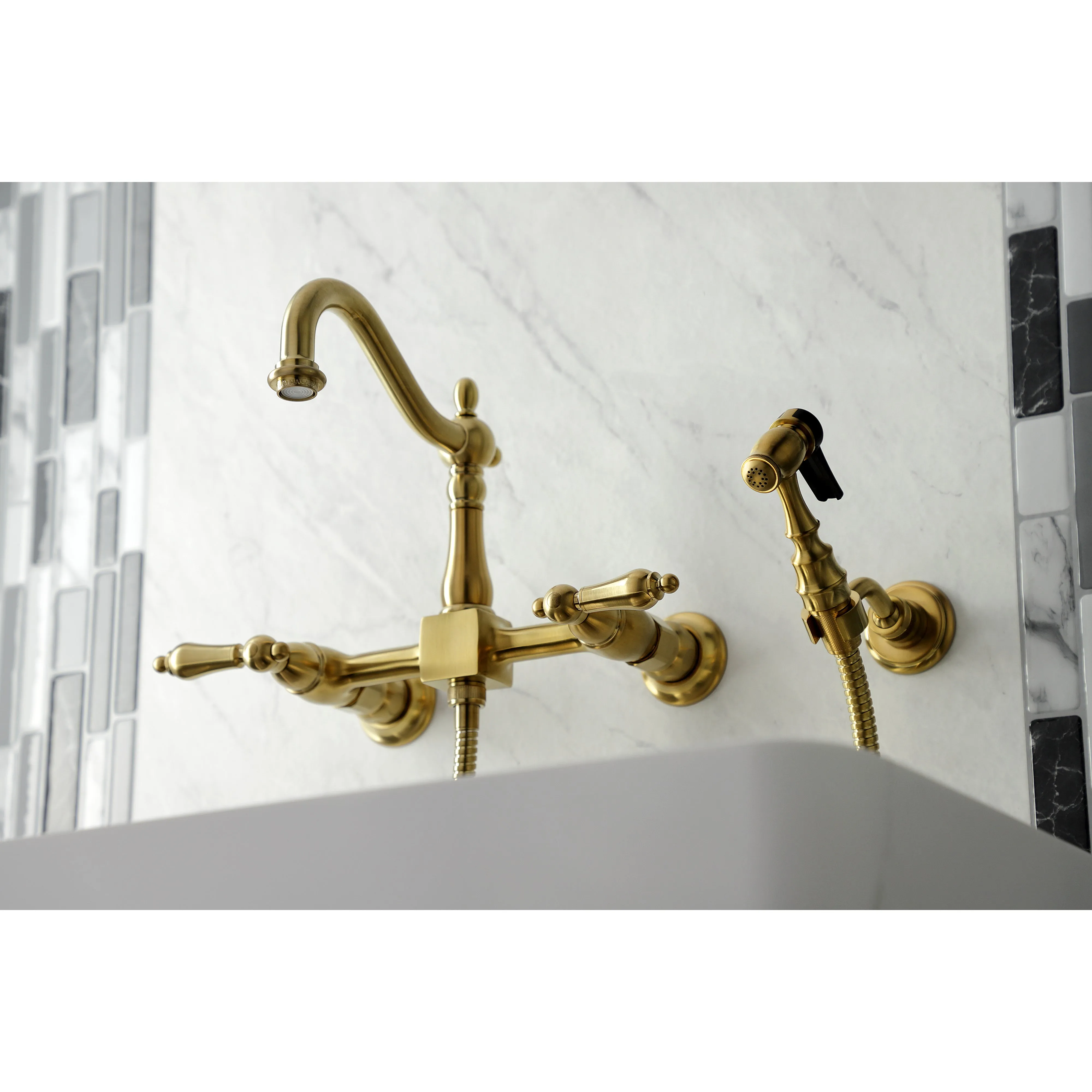 Heritage Traditional Wall Mount Bridge Kitchen Faucet with Brass Sprayer