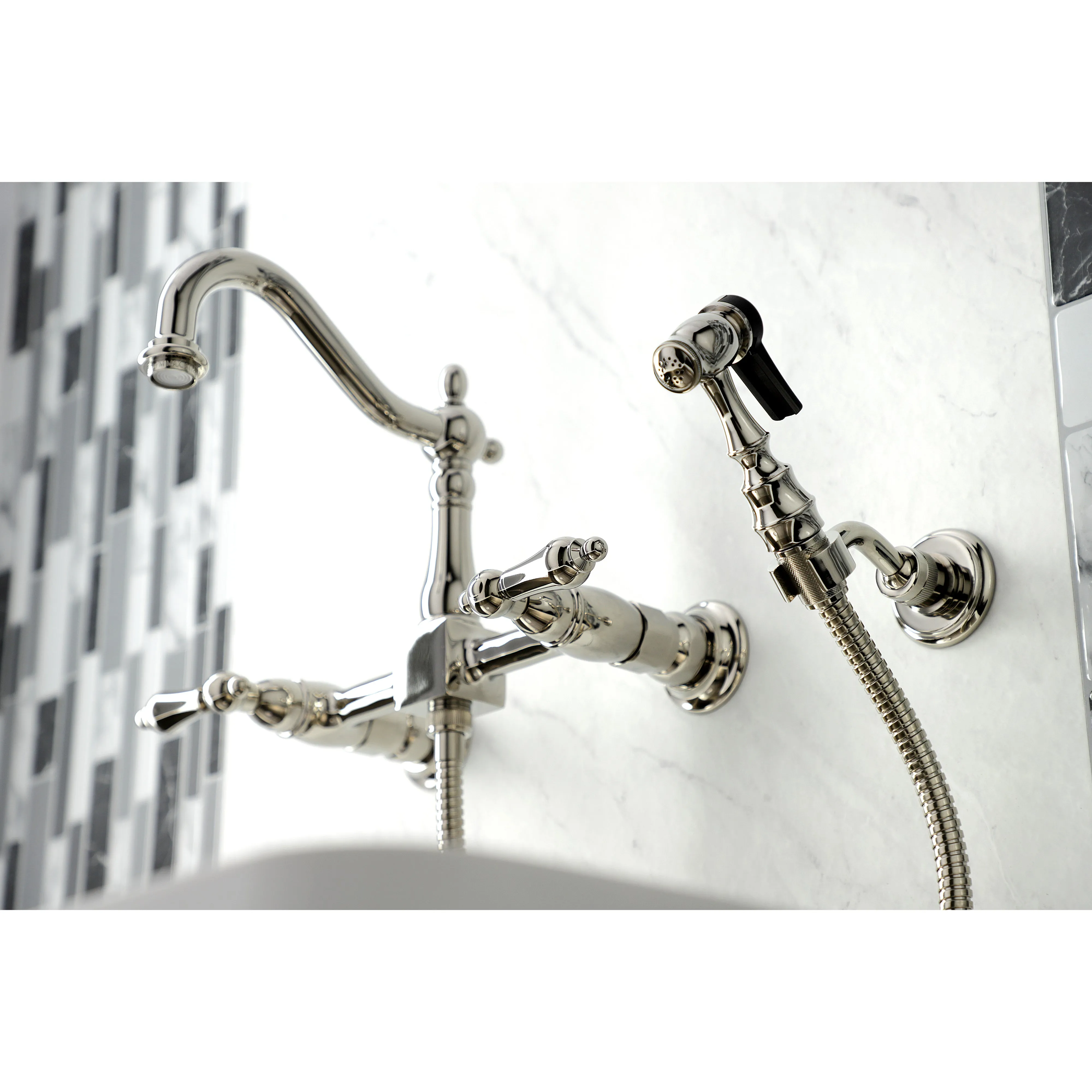 Heritage Traditional Wall Mount Bridge Kitchen Faucet with Brass Sprayer