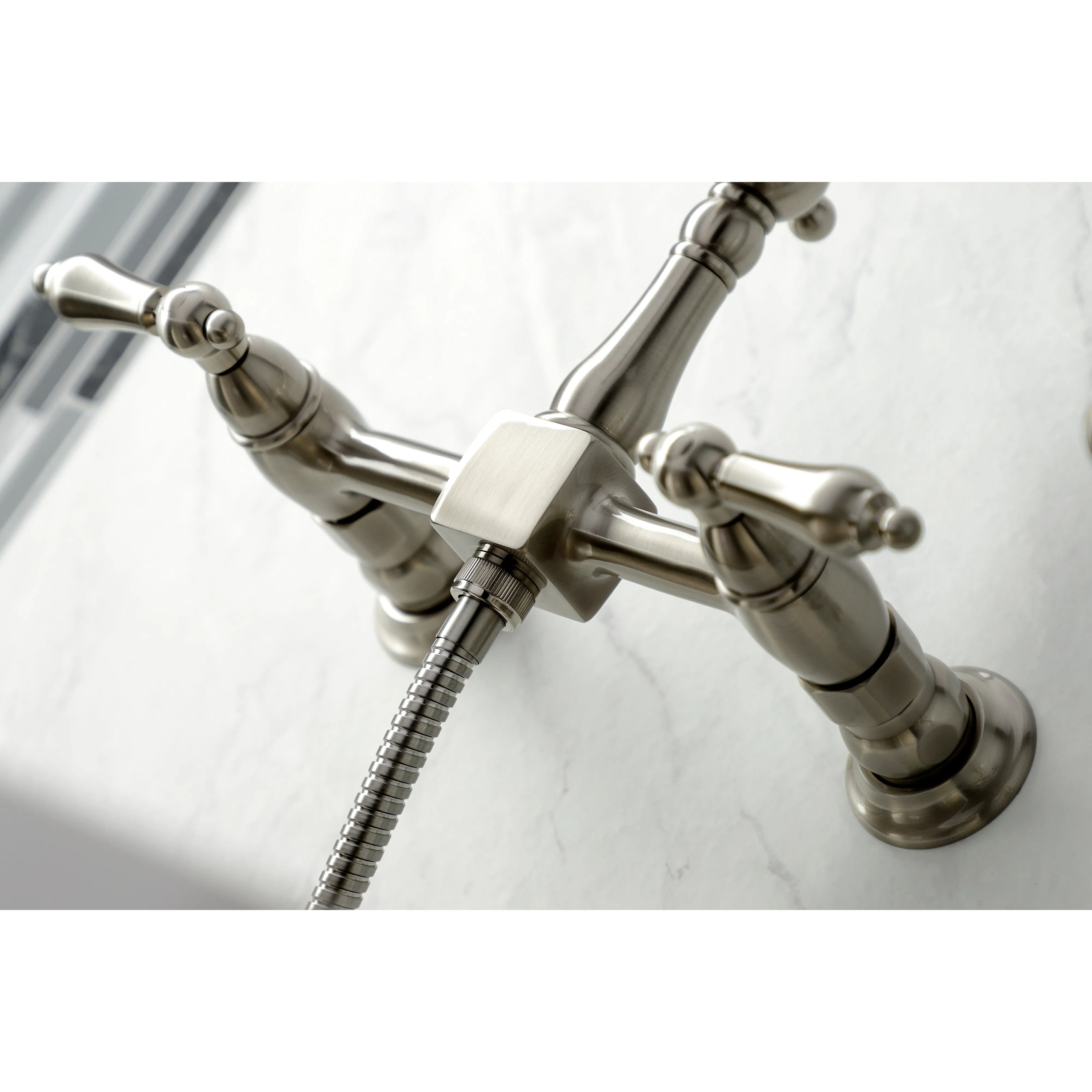 Heritage Traditional Wall Mount Bridge Kitchen Faucet with Brass Sprayer