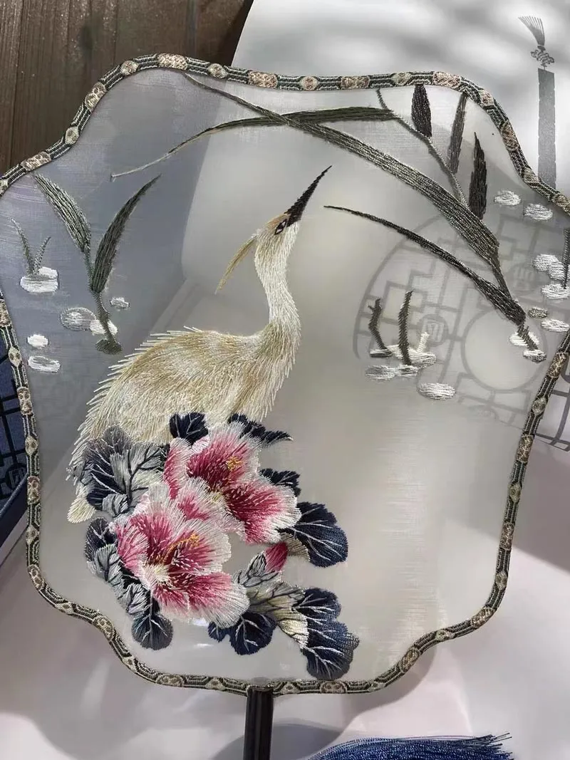 Heron Singing Among The Blooming Peonies - Traditional Chinese Fashion Single Side Embroidered Decorative Fan