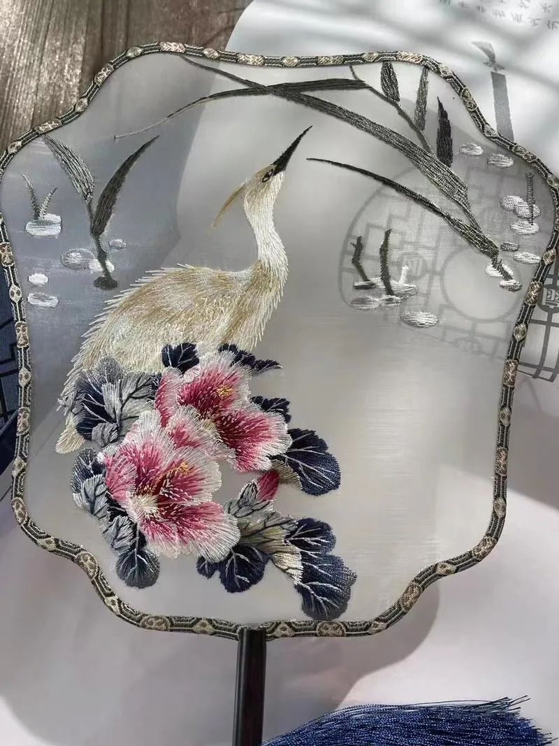 Heron Singing Among The Blooming Peonies - Traditional Chinese Fashion Single Side Embroidered Decorative Fan