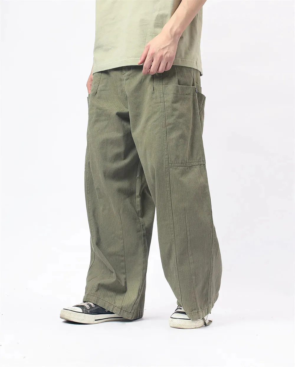 Herringbone Twill Wide-Leg Cargo Pants