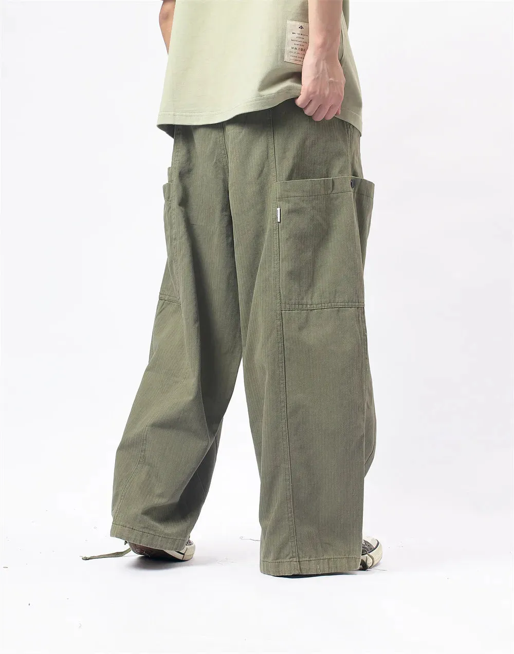 Herringbone Twill Wide-Leg Cargo Pants