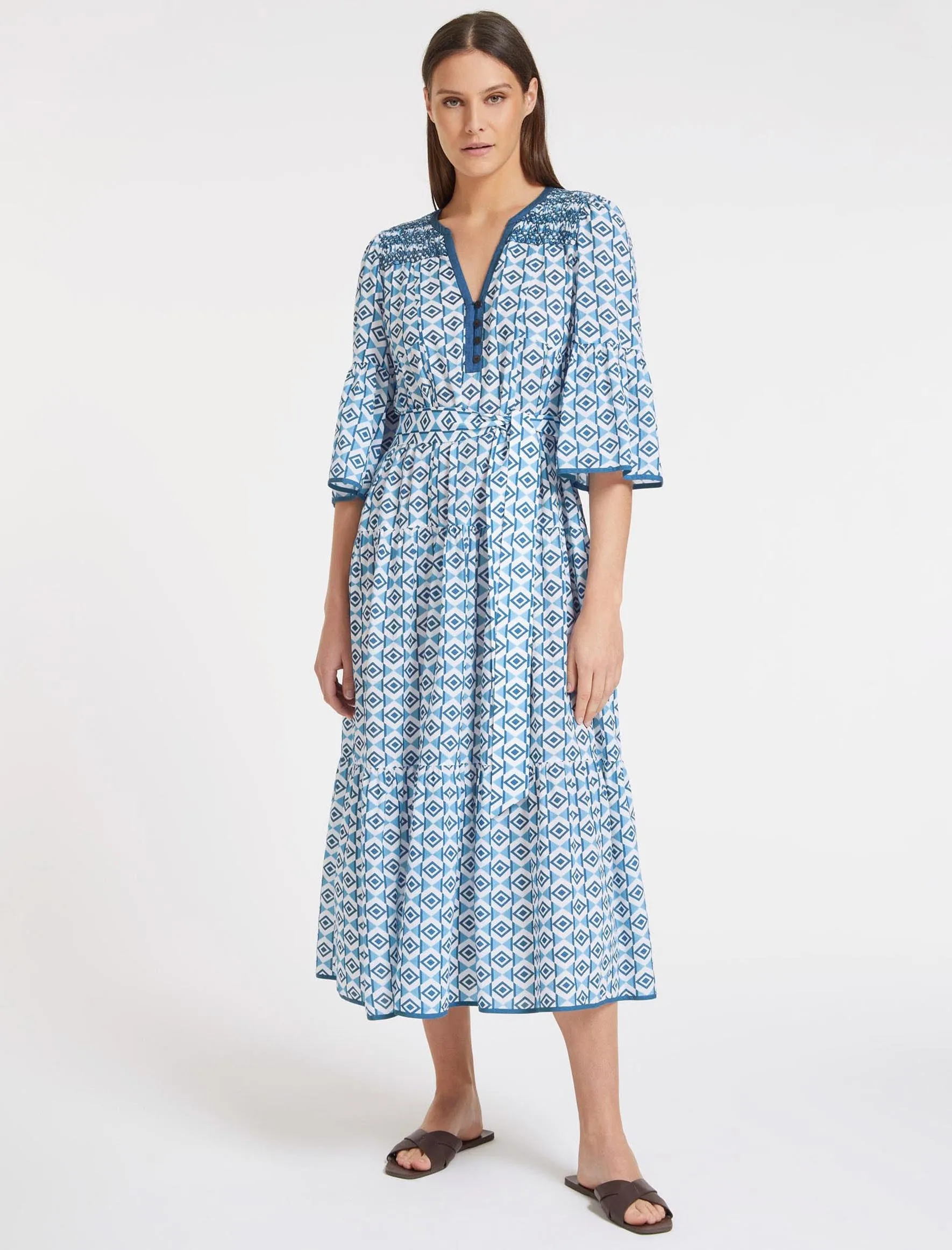 Hester Cotton Maxi Dress - Blue Diamond Geo Print