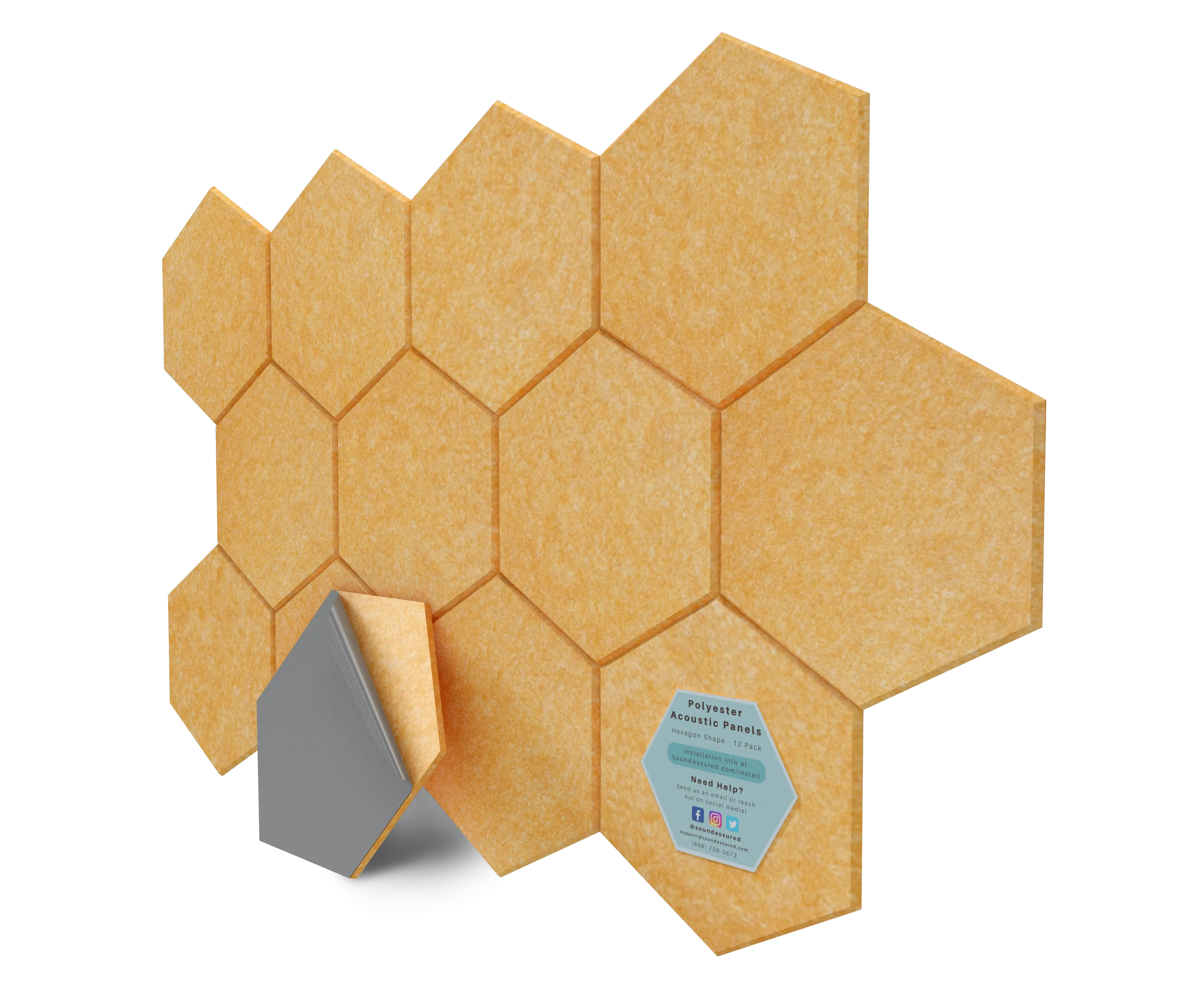 Hexagon Polyester Acoustic Panels - 12 Pack | Eco-Friendly Sound Absorption | Easy Peel & Stick Installation