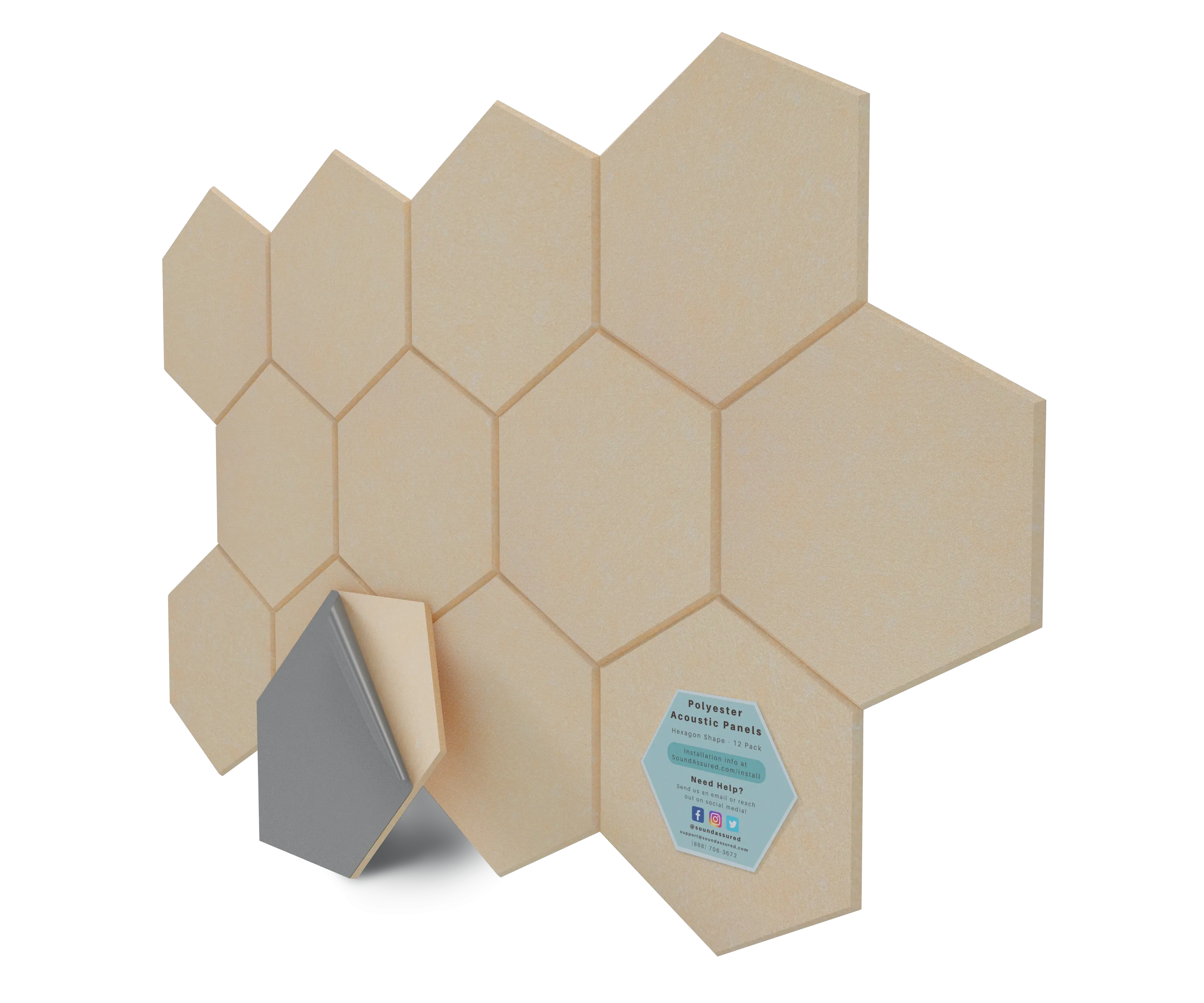 Hexagon Polyester Acoustic Panels - 12 Pack | Eco-Friendly Sound Absorption | Easy Peel & Stick Installation