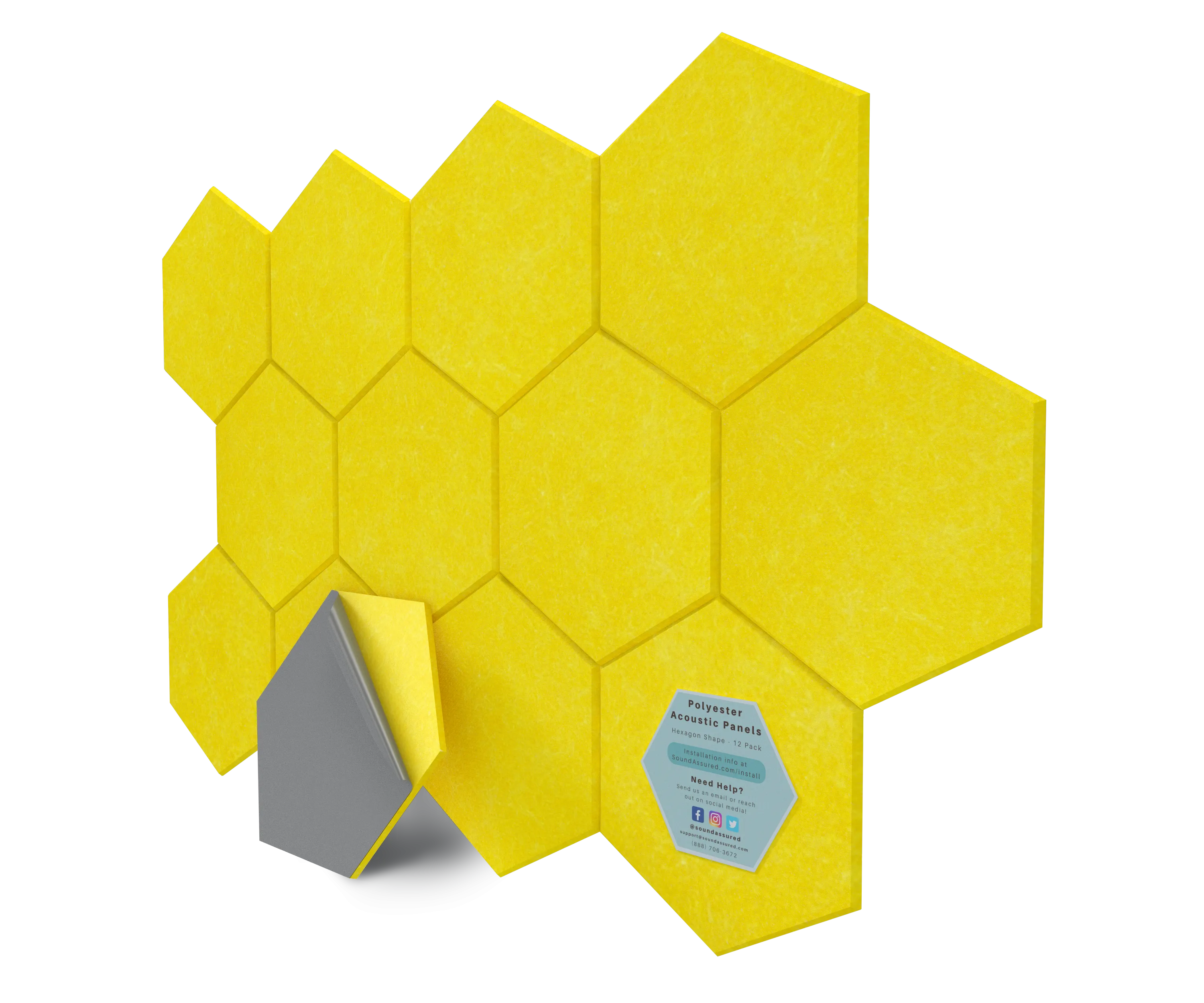 Hexagon Polyester Acoustic Panels - 12 Pack | Eco-Friendly Sound Absorption | Easy Peel & Stick Installation