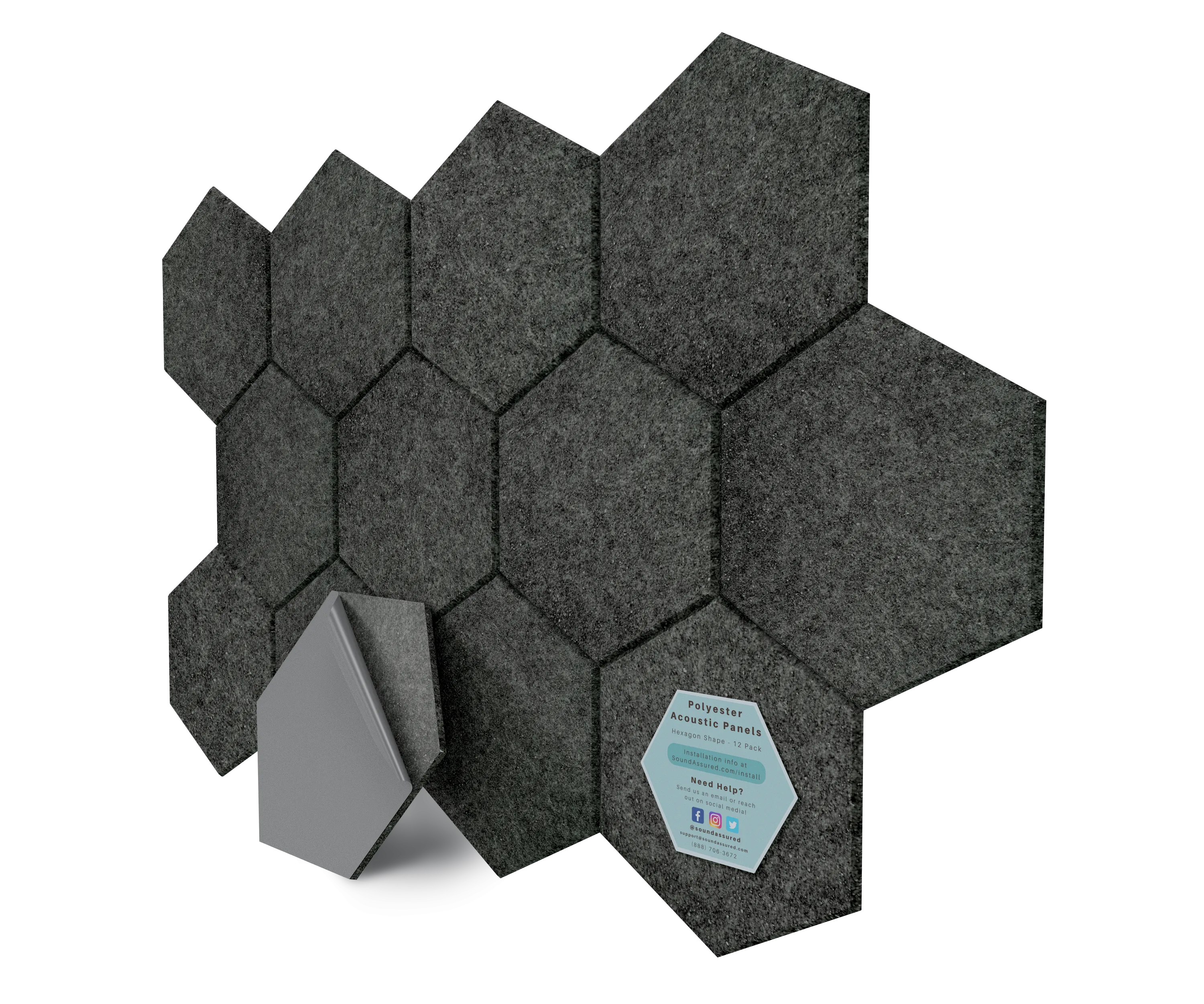 Hexagon Polyester Acoustic Panels - 12 Pack | Eco-Friendly Sound Absorption | Easy Peel & Stick Installation