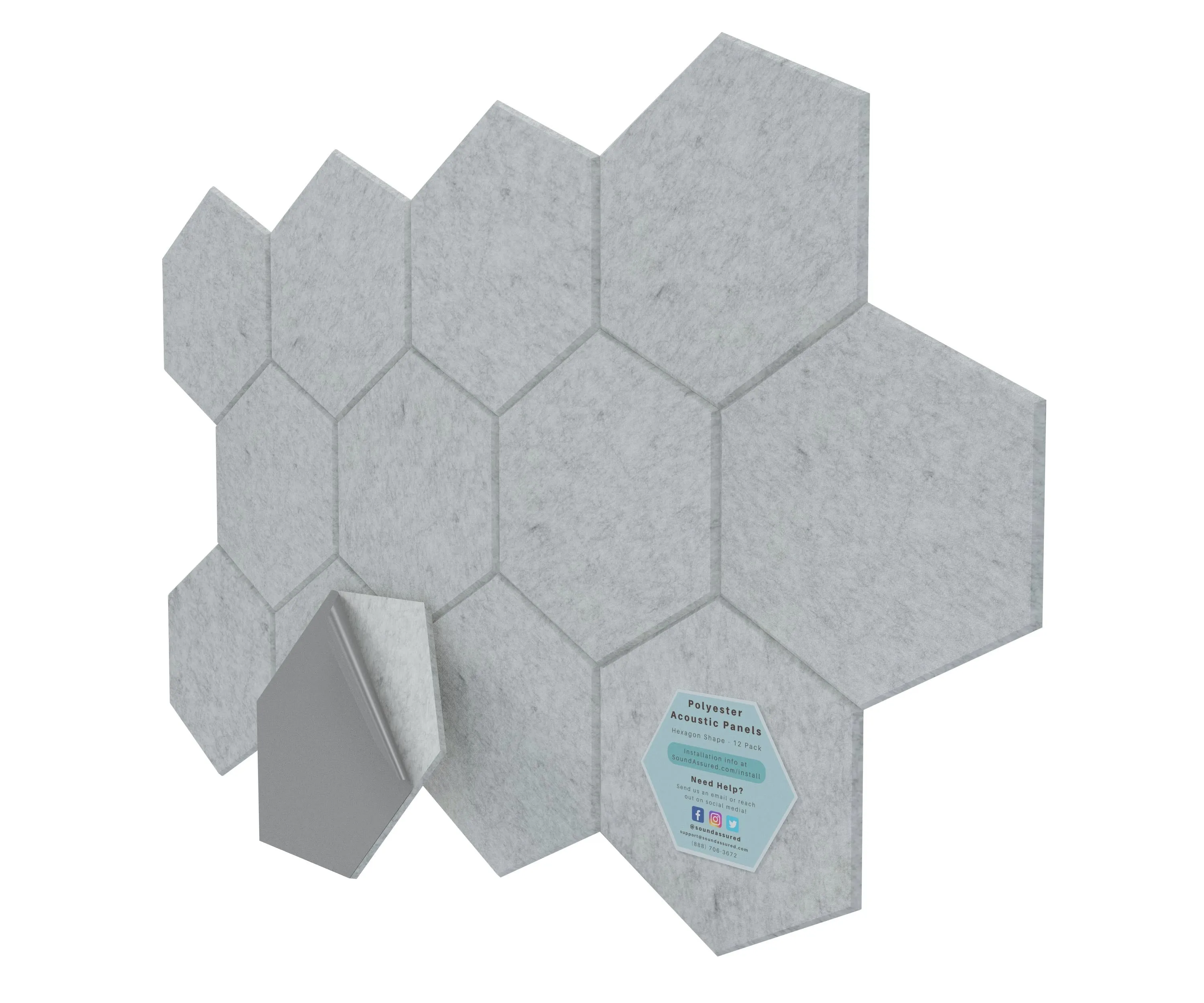 Hexagon Polyester Acoustic Panels - 12 Pack | Eco-Friendly Sound Absorption | Easy Peel & Stick Installation