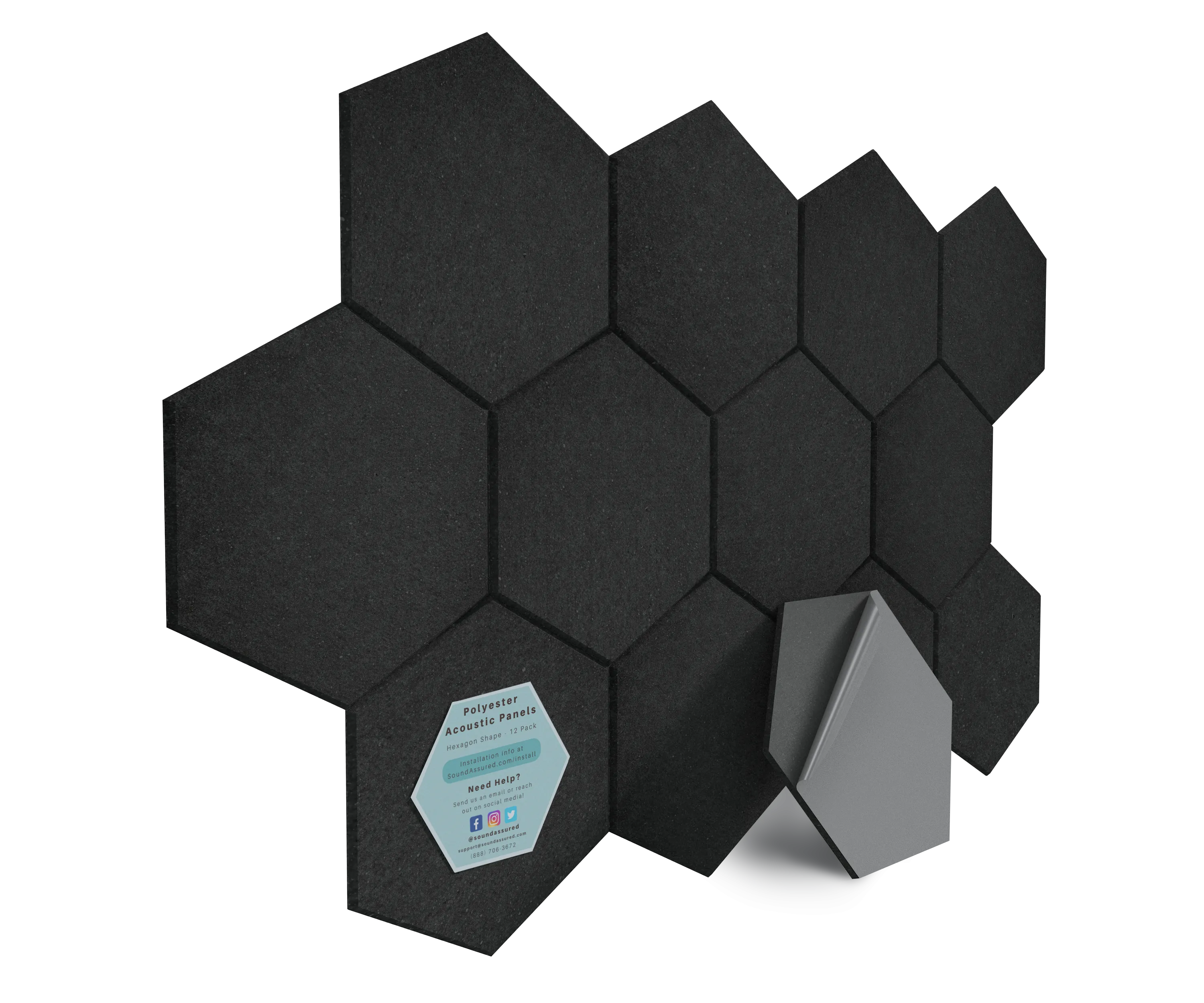 Hexagon Polyester Acoustic Panels - 12 Pack | Eco-Friendly Sound Absorption | Easy Peel & Stick Installation