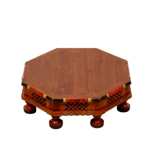 Hexagonal Intricate Carved Panted TEAK Wood Bajot