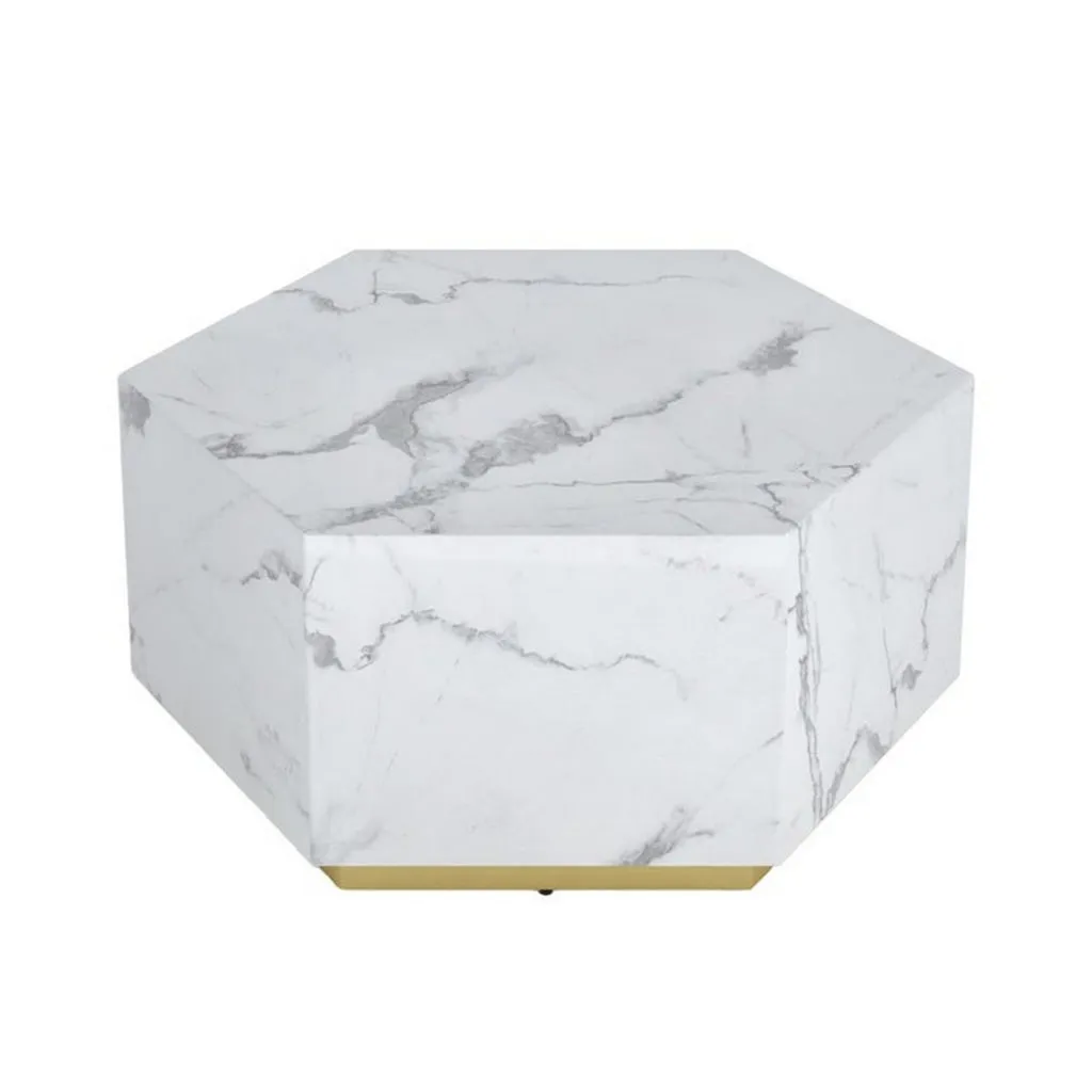 Hexi 35 Inch Coffee Table, Hexagonal, White Marble Design, Gold Base By Casagear Home