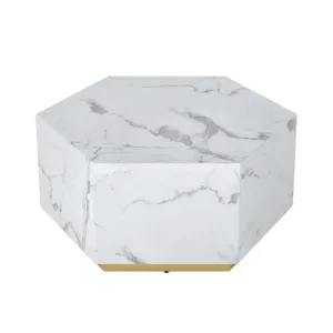 Hexi 35 Inch Coffee Table, Hexagonal, White Marble Design, Gold Base By Casagear Home