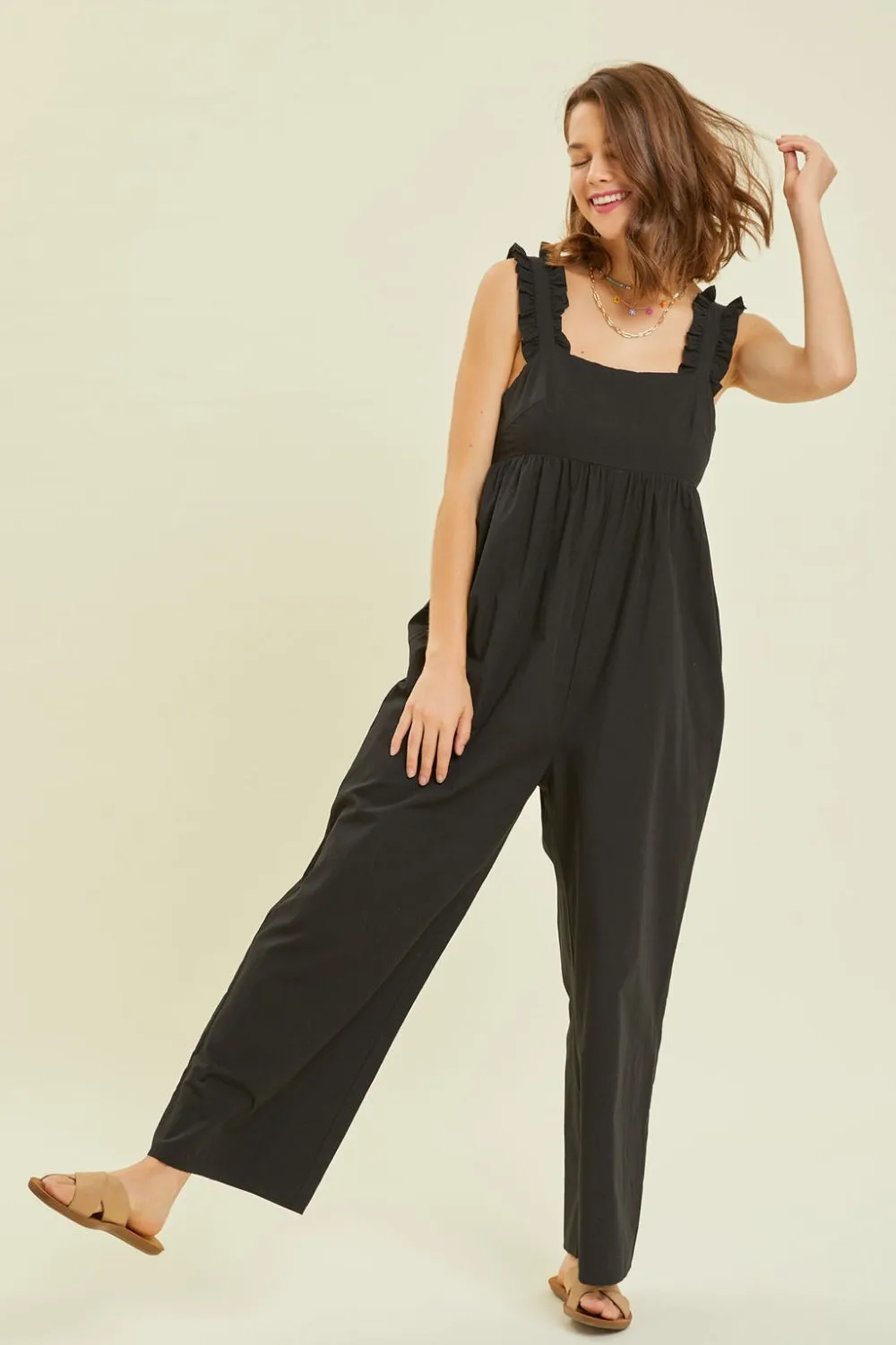 HEYSON Full Size Ruffled Strap Back Tie Wide Leg Jumpsuit