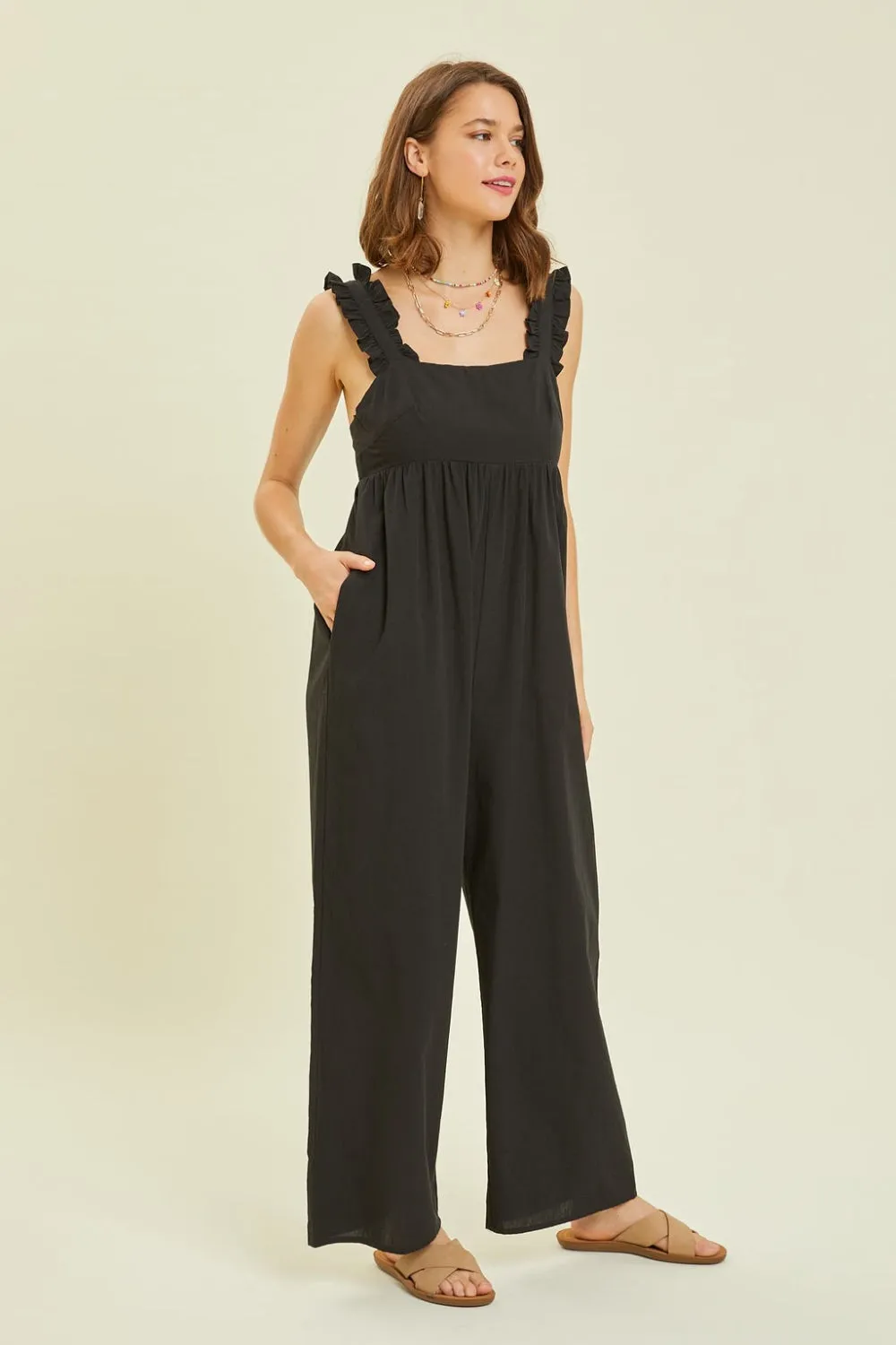 HEYSON Full Size Ruffled Strap Back Tie Wide Leg Jumpsuit