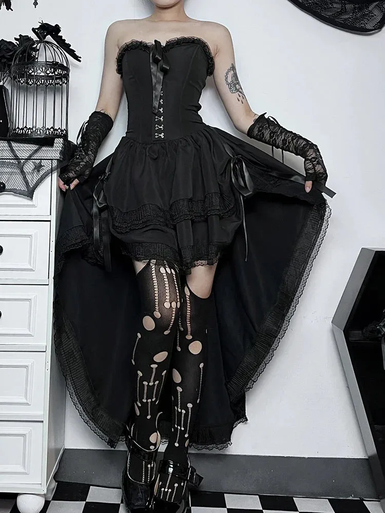 Hi Low Mall Sleeveless Corset Tube Swing Evening Goth Bodycon Lace Formal Trim Outfit