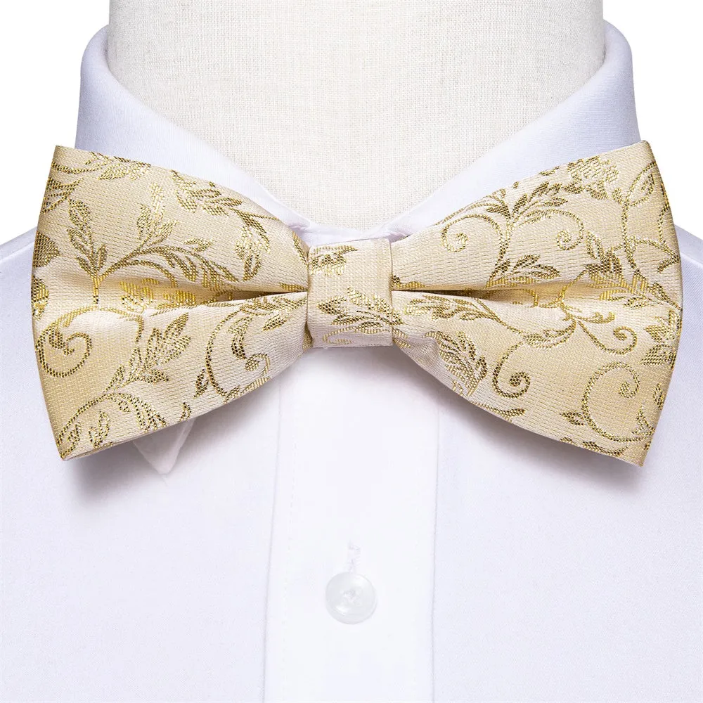 Hi-Tie Beige Gold Floral Pre-tied Men's Bow Tie Hanky Cufflinks Set