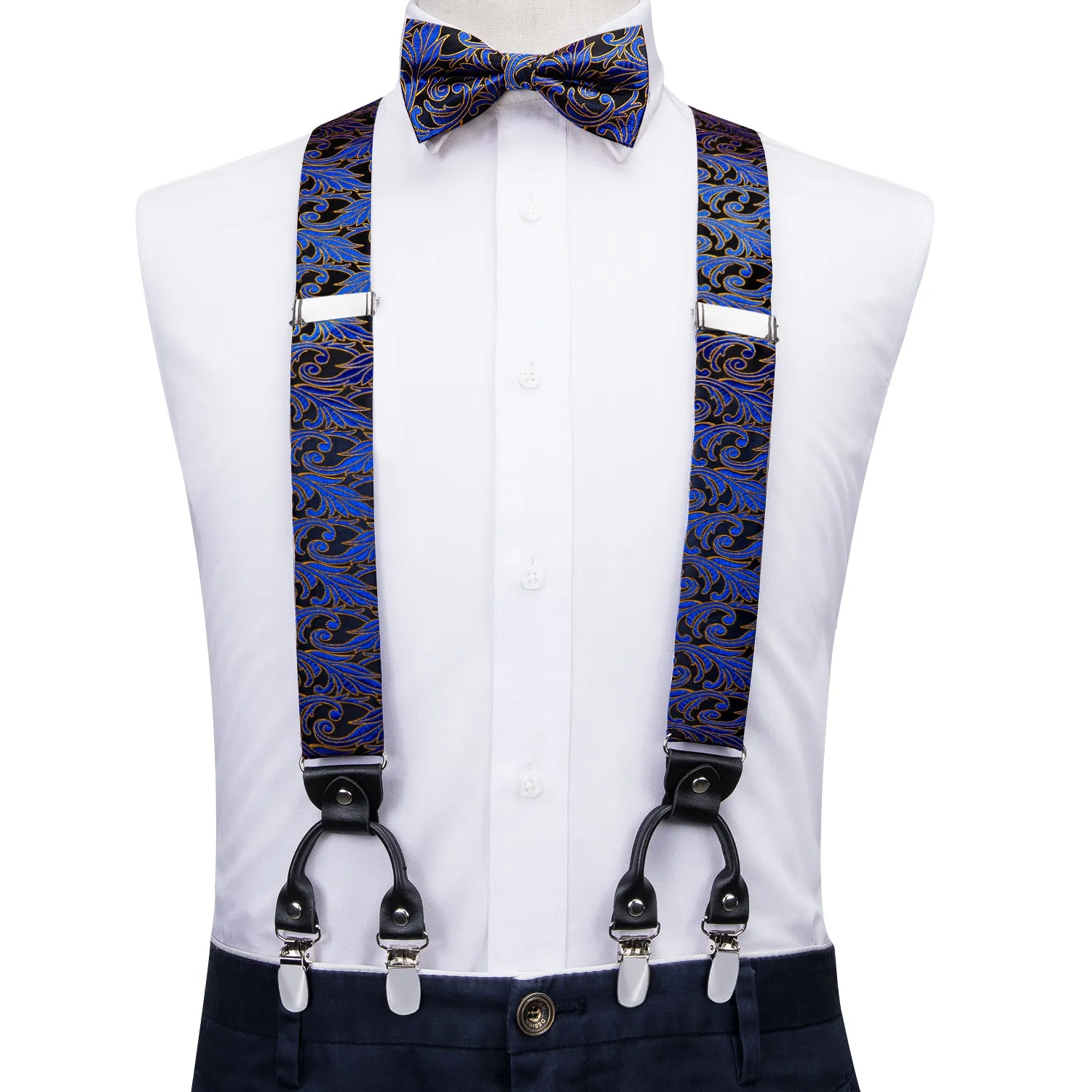 Hi-Tie Black Blue Floral Suspender Bowtie Pocket Square Cufflinks Set