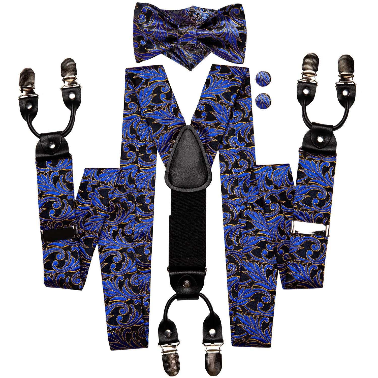 Hi-Tie Black Blue Floral Suspender Bowtie Pocket Square Cufflinks Set