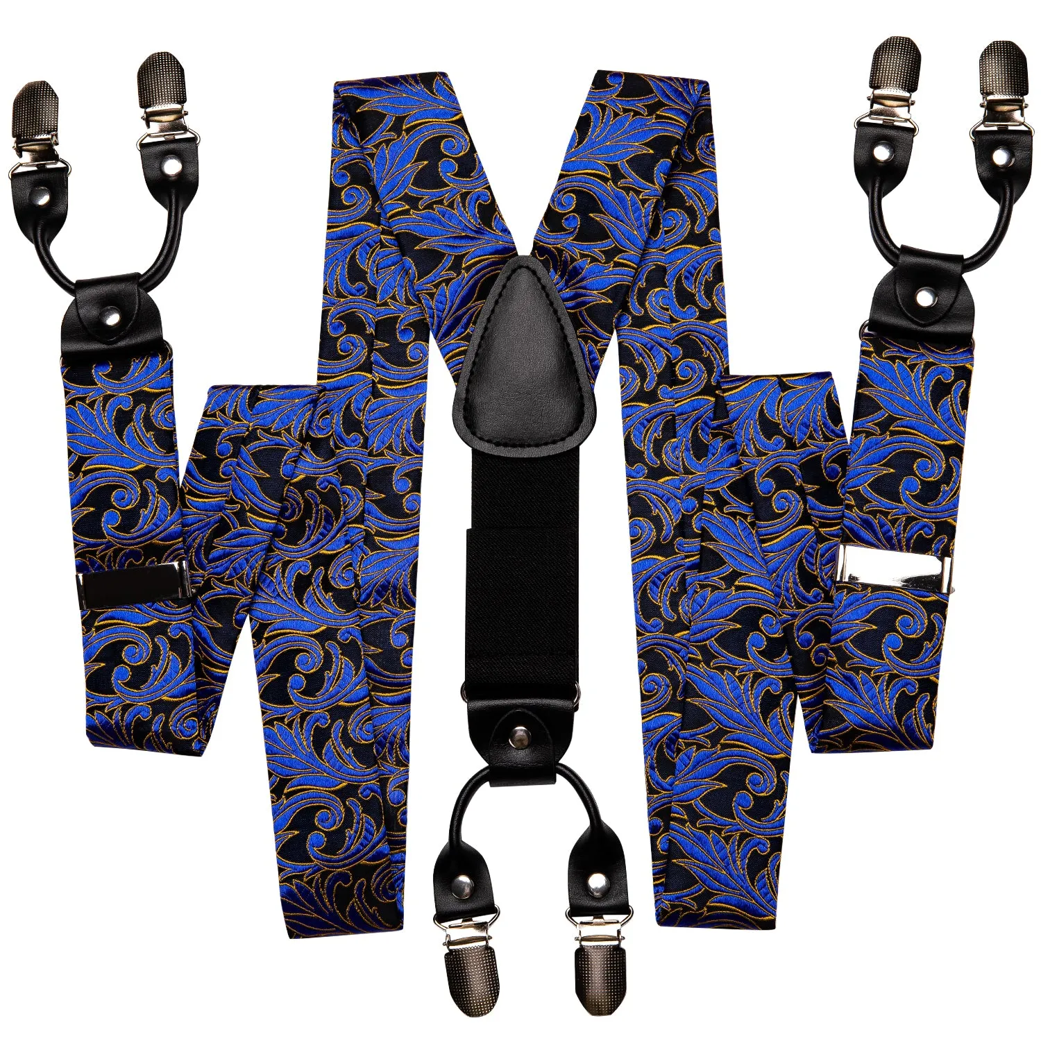 Hi-Tie Black Blue Floral Suspender Bowtie Pocket Square Cufflinks Set