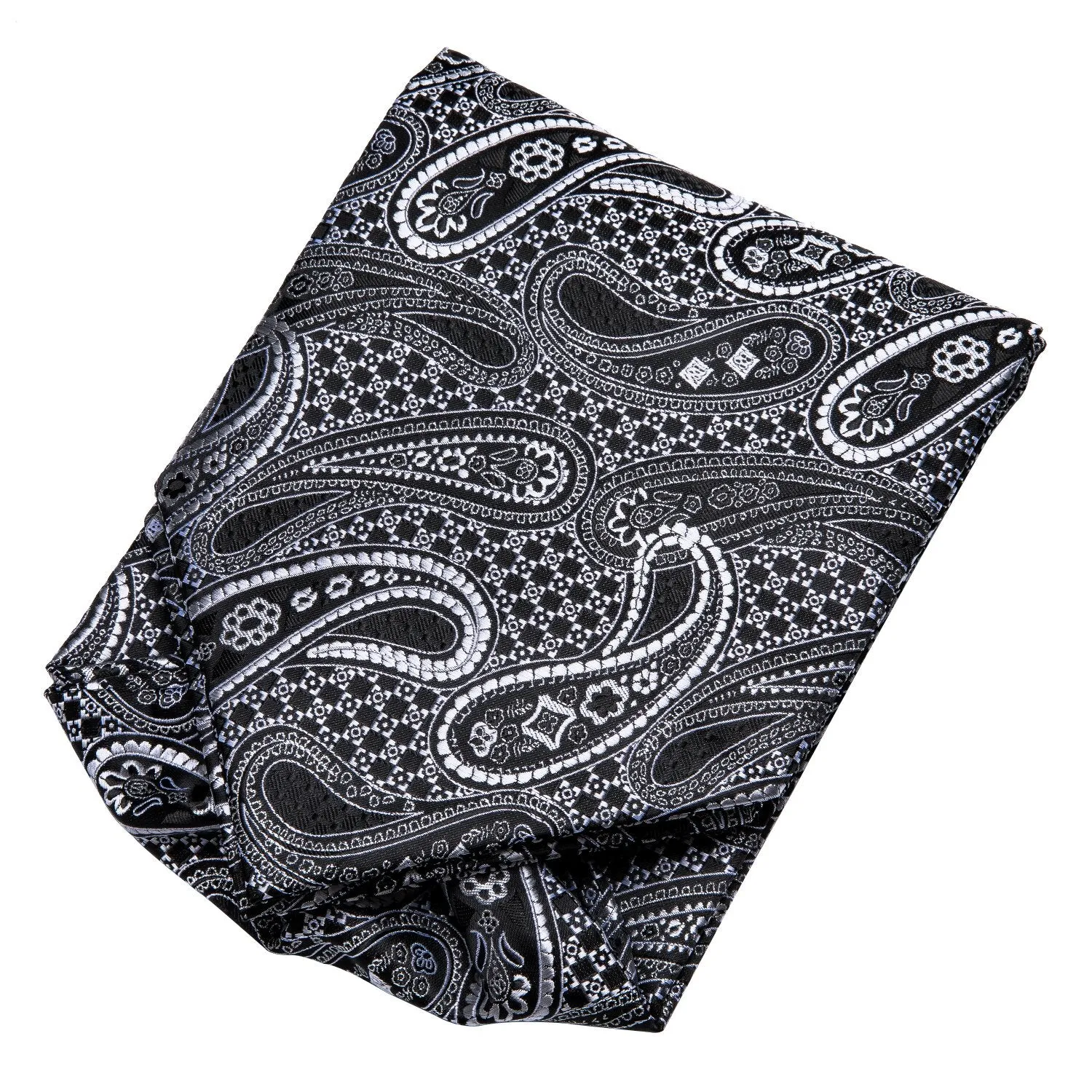 Hi-Tie Black Paisley Silk Ascot Tie Pocket Square Cufflinks Set