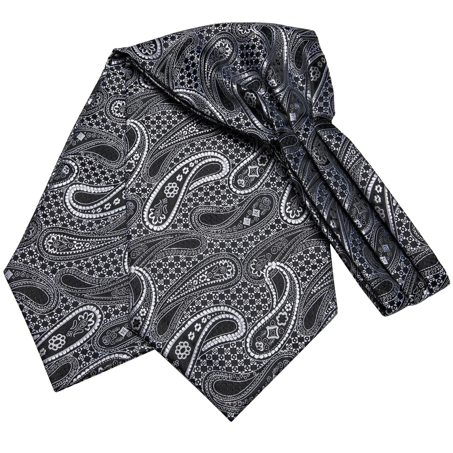 Hi-Tie Black Paisley Silk Ascot Tie Pocket Square Cufflinks Set